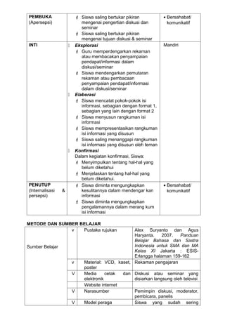 PEMBUKA                       Siswa saling bertukar pikiran            • Bersahabat/
(Apersepsi)                     mengenai pengertian diskusi dan           komunikatif
                                seminar
                              Siswa saling bertukar pikiran
                                mengenai tujuan diskusi & seminar
INTI                        Eksplorasi                                 Mandiri
                              Guru memperdengarkan rekaman
                                atau membacakan penyampaian
                                pendapat/informasi dalam
                                diskusi/seminar
                              Siswa mendengarkan pemutaran
                                rekaman atau pembacaan
                                penyampaian pendapat/informasi
                                dalam diskusi/seminar
                            Elaborasi
                              Siswa mencatat pokok-pokok isi
                                informasi, sebagian dengan format 1,
                                sebagian yang lain dengan format 2
                              Siswa menyusun rangkuman isi
                                informasi
                              Siswa mempresentasikan rangkuman
                                isi informasi yang disusun
                              Siswa saling menanggapi rangkuman
                                isi informasi yang disusun oleh teman
                            Konfirmasi
                             Dalam kegiatan konfirmasi, Siswa:
                              Menyimpulkan tentang hal-hal yang
                                belum diketahui
                              Menjelaskan tentang hal-hal yang
                                belum diketahui.
PENUTUP                       Siswa diminta mengungkapkan              • Bersahabat/
(Internalisasi   &              kesulitannya dalam mendengar kan          komunikatif
persepsi)                       informasi
                              Siswa diminta mengungkapkan
                                pengalamannya dalam merang kum
                                isi informasi

METODE DAN SUMBER BELAJAR
               v   Pustaka rujukan                     Alex Suryanto dan Agus
                                                       Haryanta.     2007.   Panduan
                                                       Belajar Bahasa dan Sastra
Sumber Belajar                                         Indonesia untuk SMA dan MA
                                                       Kelas XI Jakarta : ESIS-
                                                       Erlangga halaman 159-162
                         v       Material: VCD, kaset, Rekaman pengajaran
                                 poster
                         V       Media      cetak dan Diskusi atau seminar yang
                                 elektronik            disiarkan langsung oleh televisi
                                 Website internet
                         V       Narasumber            Pemimpin diskusi, moderator,
                                                       pembicara, panelis
                         V       Model peraga          Siswa yang sudah sering
 