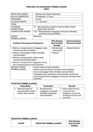 RENCANA PELAKSANAAN PEMBELAJARAN
                               (RPP)

MATA PELAJARAN              Bahasa dan Sastra Indonesia
KELAS /SEMESTER             XI (sebelas) / 2 (dua)
PROGRAM                     Umum
ALOKASI WAKTU               3 x 45 menit
TEMA
STANDAR                  10. Menyampaikan laporan hasil penelitian dalam
KOMPETENSI                   diskusi atau seminar
KOMPETENSI DASAR         10.2 Mengomentari tanggapan orang lain terhadap
                               presentasi hasil penelitian
ASPEK                    Berbicara
PEMBELAJARAN
                                              Nilai Budaya      Kewirausahaan/
  Indikator Pencapaian Kompetensi             Dan Karakter      Ekonomi Kreatif
                                                 Bangsa
 • Mampu mengemukakan tanggapan yang          • Bersahabat/      • Kepemimpinan
   mendukung hasil penelitian                   komunikatif
 • Mampu menanggapi kritikan terhadap         • Mandiri
   hasil penelitian
 • Mampu menyampaikan alasan yang
   mendukung kritik/penolakan
 • Mampu mengomentari tanggapan orang
   lain terhadap laporan hasil penelitian
MATERI POKOK               Contoh laporan hasil penelitian
PEMBELAJARAN               Kritikan para pembicara terhadap hasil penelitian
                           Cara menanggapi kritik terhadap hasil penelitian
                           Tanggapan para pembicara yang bersifat mendukung
                           Cara mengomentari tanggapan orang lain terhadap hasil
                           penelitian

STRATEGI PEMBELAJARAN
        Tatap Muka                Terstruktur                       Mandiri
   • Berbicara laporan      • Mengomentari                • Siswa dapat Mampu
     hasil penelitian dalam   tanggapan orang lain          mengomentari
     diskusi atau seminar     terhadap presentasi           tanggapan orang lain
                              hasil penelitian              terhadap laporan hasil
                                                            penelitian




KEGIATAN PEMBELAJARAN
                                                                   Nilai Budaya
       TAHAP                KEGIATAN PEMBELAJARAN                  Dan Karakter
                                                                      Bangsa
 