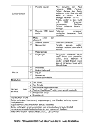 v     Pustaka rujukan        Alex Suryanto dan Agus
                                                   Haryanta.     2007.     Panduan
                                                   Belajar Bahasa dan Sastra
 Sumber Belajar                                    Indonesia untuk SMA dan MA
                                                   Kelas XI Jakarta : ESIS-
                                                   Erlangga halaman 145-148
                                                   Arsjad, Maidar G. Dan Mukti
                                                   U.S.      1991.       Pembinaan
                                                   Kemampuan              Berbicara
                                                   Bahasa Indonesia. Jakarta :
                                                   Erlangga
                      V      Material: VCD, kaset, Rekaman               pengajaran
                             poster                pemberian tanggapan hasil
                                                   penelitian
                          Media       cetak   dan
                          elektronik
                      V      Website internet      Hasil-hasil penelitian
                      V      Narasumber            Peneliti,    penyaji,     doktor,
                                                   magister, sarjana yang ada di
                                                   sekolah
                             Model peraga
                      V      Lingkungan            Tanggapan presentasi karya-
                                                   karya ilmiah (hasil penelitian,
                                                   skripsi, tesis, disertasi) di
                                                   sekitar tempat tinggal siswa
                                                   atau di perguruan tinggi yang
                                                   dikenal siswa
                      V      Presentasi
                      V      Diskusi Kelompok
 Metode               V      Inquari
                      V      Demontrasi
                             /Pemeragaan Model
PENILAIAN
                      V   Tes Lisan
                      V   Tes Tertulis
                      V   Observasi Kinerja/Demontrasi
TEKNIK        DAN     V   Tagihan Hasil Karya/Produk: tugas, projek, portofolio
BENTUK
                      V   Pengukuran Sikap
                      v   Penilaian diri
INSTRUMEN /SOAL
Daftar pertanyaan lisan tentang tanggapan yang bisa diberikan terhadap laporan
hasil penelitian
Tugas/perintah untuk melakukan diskusi, presentasi
Daftar pertanyaan uji kompetensi dan kuis uji teori untuk mengukur tingkat
pemahaman siswa terhadap teori dan konsep yang sudah dipelajari
RUBRIK/KRITERIA PENILAIAN/BLANGKO OBSERVASI




   RUBRIK PENILAIAN KOMENTAR ATAS TANGGAPAN HASIL PENELITIAN
 