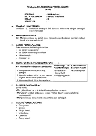 RENCANA PELAKSANAAN PEMBELAJARAN
                               (RPP)

              SEKOLAH                 : MAN Awipari
              MATA PELAJARAN          : Bahasa Indonesia
              KELAS                   :X
              SEMESTER                :1

A.   STANDAR KOMPETENSI :
     Membaca : 3. Memahami berbagai teks bacaan nonsastra dengan berbagai
                  teknik membaca

B.   KOMPETENSI DASAR :
     3.2 Mengidentifikasi ide pokok teks nonsastra dari berbagai sumber melalui
         teknik membaca ekstensif

C.   MATERI PEMBELAJARAN :
     Teks nonsastra dari berbagai sumber:
     • ide pokok tiap paragraf
     • ide pokok dari berbagai sumber
     • fakta dan opini
     • ringkasan isi

D.   INDIKATOR PENCAPAIAN KOMPETENSI              :
                                             Nilai Budaya Dan Kewirausahaan/
     No Indikator Pencapaian Kompetensi
                                             Karakter Bangsa Ekonomi Kreatif
      1 Mengidentifikasi ide pokok tiap      • Bersahabat/    • Kepemimpinan
        paragraf                               komunikatif
      2 Menuliskan kembali isi bacaan secara • Tanggung jawab
        ringkas dalam beberapa kalimat
      3 Mengidentifikasi fakta dan pendapat

E.   TUJUAN PEMBELAJARAN* :
     Siswa dapat:
     • Mengidentifikasi ide pokok dan ide penjelas tiap paragraf.
     • Menuliskan kembali isi bacaan secara ringkas dalam beberapa kalimat
        buatan sendiri.
     • Mengidentifikasi serta membedakan fakta dan pendapat.

F.   METODE PEMBELAJARAN :
      Penugasan
      Diskusi
      Tanya Jawab
      Unjuk kerja
      Ceramah
      Demonstrasi
 