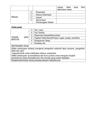 masya    rakat      yang      bisa
                                                   ditemukan siswa
                     V     Presentasi
                     V     Diskusi Kelompok
Metode               V     Inquari
                     V     Demontrasi
                           /Pemeragaan Model

PENILAIAN
                     V   Tes Lisan
                     V   Tes Tertulis
                     V   Observasi Kinerja/Demontrasi
TEKNIK        DAN    V   Tagihan Hasil Karya/Produk: tugas, projek, portofolio
BENTUK
                     V   Pengukuran Sikap
                     v   Penilaian diri
INSTRUMEN /SOAL
Daftar pertanyaan tentang mengenai pengertian editorial/ tajuk rencana, pengertian
fakta dan opini
Tugas/perintah untuk melakukan diskusi, presentasi
Daftar pertanyaan uji kompetensi dan kuis uji teori untuk mengukur tingkat
pemahaman siswa terhadap teori dan konsep yang sudah dipelajari
RUBRIK/KRITERIA PENILAIAN/BLANGKO OBSERVASI
 