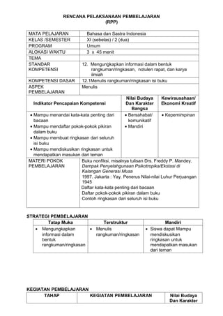 RENCANA PELAKSANAAN PEMBELAJARAN
                              (RPP)

MATA PELAJARAN              Bahasa dan Sastra Indonesia
KELAS /SEMESTER             XI (sebelas) / 2 (dua)
PROGRAM                     Umum
ALOKASI WAKTU               3 x 45 menit
TEMA
STANDAR                  12. Mengungkapkan informasi dalam bentuk
KOMPETENSI                   rangkuman/ringkasan, notulen rapat, dan karya
                             ilmiah
KOMPETENSI DASAR         12.1Menulis rangkuman/ringkasan isi buku
ASPEK                    Menulis
PEMBELAJARAN
                                               Nilai Budaya    Kewirausahaan/
  Indikator Pencapaian Kompetensi             Dan Karakter     Ekonomi Kreatif
                                                  Bangsa
 • Mampu menandai kata-kata penting dari      • Bersahabat/      • Kepemimpinan
   bacaan                                       komunikatif
 • Mampu mendaftar pokok-pokok pikiran        • Mandiri
   dalam buku
 • Mampu membuat ringkasan dari seluruh
   isi buku
 • Mampu mendiskusikan ringkasan untuk
   mendapatkan masukan dari teman
MATERI POKOK            Buku nonfiksi, misalnya tulisan Drs. Freddy P. Mandey.
PEMBELAJARAN            Dampak Penyelahgunaan Psikotropika/Ekstasi di
                        Kalangan Generasi Musa
                        1997. Jakarta : Yay. Penerus Nilai-nilai Luhur Perjuangan
                        1945
                       Daftar kata-kata penting dari bacaan
                        Daftar pokok-pokok pikiran dalam buku
                        Contoh ringkasan dari seluruh isi buku


STRATEGI PEMBELAJARAN
         Tatap Muka           Terstruktur                         Mandiri
   • Mengungkapkan       • Menulis                      • Siswa dapat Mampu
     informasi dalam       rangkuman/ringkasan            mendiskusikan
     bentuk                                               ringkasan untuk
     rangkuman/ringkasan                                  mendapatkan masukan
                                                          dari teman




KEGIATAN PEMBELAJARAN
      TAHAP           KEGIATAN PEMBELAJARAN                         Nilai Budaya
                                                                    Dan Karakter
 