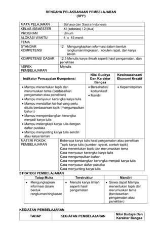 RENCANA PELAKSANAAN PEMBELAJARAN
                                (RPP)

 MATA PELAJARAN               Bahasa dan Sastra Indonesia
 KELAS /SEMESTER              XI (sebelas) / 2 (dua)
 PROGRAM                      Umum
 ALOKASI WAKTU                4 x 45 menit
 TEMA
 STANDAR                   12. Mengungkapkan informasi dalam bentuk
 KOMPETENSI                     rangkuman/ringkasan, notulen rapat, dan karya
                                ilmiah
 KOMPETENSI DASAR          12.3 Menulis karya ilmiah seperti hasil pengamatan, dan
                           penelitian
 ASPEK                     Menulis
 PEMBELAJARAN
                                                 Nilai Budaya      Kewirausahaan/
  Indikator Pencapaian Kompetensi               Dan Karakter       Ekonomi Kreatif
                                                    Bangsa
  • Mampu menentukan topik dan                 • Bersahabat/         • Kepemimpinan
    merumuskan tema (berdasarkan                 komunikatif
    pengamatan atau penelitian)                • Mandiri
  • Mampu menyusun kerangka karya tulis
  • Mampu mendaftar hal-hal yang perlu
    ditulis berdasarkan topik (mengumpulkan
    bahan)
  • Mampu mengembangkan kerangka
    menjadi karya tulis
  • Mampu melengkapi karya tulis dengan
    daftar pustaka
  • Mampu menyunting karya tulis sendiri
    atau karya teman
 MATERI POKOK                Beberapa karya tulis hasil pengamatan atau penelitian
 PEMBELAJARAN                Topik karya tulis (sumber, syarat, contoh topik)
                             Cara menentukan topik dan merumuskan tema
                             Cara menyusun kerangka karya tulis
                             Cara mengumpulkan bahan
                             Cara mengembangkan kerangka menjadi karya tulis
                             Cara menyusun daftar pustaka
                             Cara menyunting karya tulis
STRATEGI PEMBELAJARAN
             Tatap Muka                Terstruktur                      Mandiri
     • Mengungkapkan             • Menulis karya ilmiah      • Siswa dapat Mampu
         informasi dalam            seperti hasil               menentukan topik dan
         bentuk                     pengamatan                  merumuskan tema
         rangkuman/ringkasan                                    (berdasarkan
                                                                pengamatan atau
                                                                penelitian)

KEGIATAN PEMBELAJARAN
                                                                  Nilai Budaya Dan
       TAHAP                KEGIATAN PEMBELAJARAN
                                                                  Karakter Bangsa
 