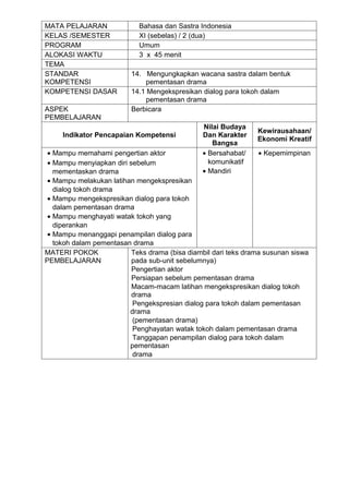 MATA PELAJARAN              Bahasa dan Sastra Indonesia
KELAS /SEMESTER             XI (sebelas) / 2 (dua)
PROGRAM                     Umum
ALOKASI WAKTU               3 x 45 menit
TEMA
STANDAR                   14. Mengungkapkan wacana sastra dalam bentuk
KOMPETENSI                    pementasan drama
KOMPETENSI DASAR          14.1 Mengekspresikan dialog para tokoh dalam
                              pementasan drama
ASPEK                     Berbicara
PEMBELAJARAN
                                               Nilai Budaya
                                                                Kewirausahaan/
     Indikator Pencapaian Kompetensi           Dan Karakter
                                                                Ekonomi Kreatif
                                                  Bangsa
 • Mampu memahami pengertian aktor             • Bersahabat/     • Kepemimpinan
 • Mampu menyiapkan diri sebelum                 komunikatif
   mementaskan drama                           • Mandiri
 • Mampu melakukan latihan mengekspresikan
   dialog tokoh drama
 • Mampu mengekspresikan dialog para tokoh
   dalam pementasan drama
 • Mampu menghayati watak tokoh yang
   diperankan
 • Mampu menanggapi penampilan dialog para
   tokoh dalam pementasan drama
MATERI POKOK              Teks drama (bisa diambil dari teks drama susunan siswa
PEMBELAJARAN              pada sub-unit sebelumnya)
                          Pengertian aktor
                          Persiapan sebelum pementasan drama
                          Macam-macam latihan mengekspresikan dialog tokoh
                          drama
                          Pengekspresian dialog para tokoh dalam pementasan
                         drama
                          (pementasan drama)
                          Penghayatan watak tokoh dalam pementasan drama
                          Tanggapan penampilan dialog para tokoh dalam
                         pementasan
                          drama
 