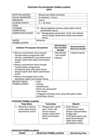 RENCANA PELAKSANAAN PEMBELAJARAN
                             (RPP)

MATA PELAJARAN             Bahasa dan Sastra Indonesia
KELAS /SEMESTER            XI (sebelas) / 2 (dua)
PROGRAM                    Umum
ALOKASI WAKTU              4 x 45 menit
TEMA
STANDAR                  14. Mengungkapkan wacana sastra dalam bentuk
KOMPETENSI                   pementasan drama
KOMPETENSI DASAR         14.2 Menggunakan gerak-gerik, mimik, dan intonasi
                               sesuai dengan watak tokoh dalam pementasan
                               drama
ASPEK                    Berbicara
PEMBELAJARAN
                                            Nilai Budaya
                                                            Kewirausahaan/
    Indikator Pencapaian Kompetensi        Dan Karakter
                                                            Ekonomi Kreatif
                                               Bangsa
 • Mampu memerankan drama dengan           • Bersahabat/      • Kepemimpinan
   memperhatikan penggunaan lafal,           komunikatif
   intonasi, nada/tekanan yang tepat sesuai• Mandiri
   dengan watak tokoh dalam pementasan
   drama
 • Mampu memerankan drama dengan
   memperhatikan penggunaan
   mimik/gerak-gerik yang tepat sesuai
   dengan watak tokoh dalam pementasan
   drama
 • Mampu menanggapi peran yang
   ditampilkan dalam pementasan drama
MATERI POKOK               Lafal
PEMBELAJARAN               Intonasi
                           Nada/tekanan
                           Mimik atau gerak-gerik
                           Teks drama
                           Tanggapan terhadap peran yang ditampilkan dalam
                           pementasan drama

STRATEGI PEMBELAJARAN
        Tatap Muka             Terstruktur                     Mandiri
   • Memahami wacana     • Menggunakan gerak-        • Siswa Mampu
     sastra dalam bentuk   gerik, mimik, dan           memerankan drama
     pementasan drama      intonasi sesuai             dengan memperhatikan
                           dengan watak tokoh          penggunaan
                           dalam pementasan            mimik/gerak-gerik yang
                           drama                       tepat sesuai dengan
                                                       watak tokoh dalam
                                                       pementasan drama


KEGIATAN PEMBELAJARAN
      TAHAP        KEGIATAN PEMBELAJARAN                    Nilai Budaya Dan
 