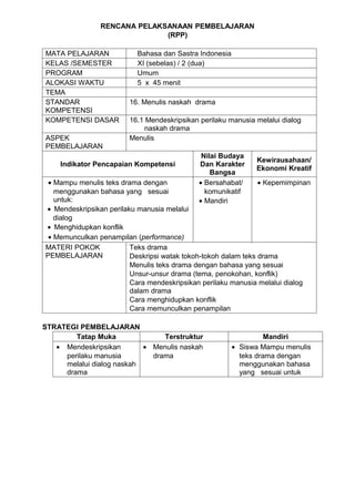 RENCANA PELAKSANAAN PEMBELAJARAN
                              (RPP)

MATA PELAJARAN             Bahasa dan Sastra Indonesia
KELAS /SEMESTER            XI (sebelas) / 2 (dua)
PROGRAM                    Umum
ALOKASI WAKTU              5 x 45 menit
TEMA
STANDAR                 16. Menulis naskah drama
KOMPETENSI
KOMPETENSI DASAR        16.1 Mendeskripsikan perilaku manusia melalui dialog
                            naskah drama
ASPEK                   Menulis
PEMBELAJARAN
                                              Nilai Budaya
                                                               Kewirausahaan/
    Indikator Pencapaian Kompetensi          Dan Karakter
                                                               Ekonomi Kreatif
                                                 Bangsa
 • Mampu menulis teks drama dengan           • Bersahabat/      • Kepemimpinan
   menggunakan bahasa yang sesuai              komunikatif
   untuk:                                    • Mandiri
• Mendeskripsikan perilaku manusia melalui
   dialog
• Menghidupkan konflik
 • Memunculkan penampilan (performance)
MATERI POKOK             Teks drama
PEMBELAJARAN             Deskripsi watak tokoh-tokoh dalam teks drama
                         Menulis teks drama dengan bahasa yang sesuai
                         Unsur-unsur drama (tema, penokohan, konflik)
                         Cara mendeskripsikan perilaku manusia melalui dialog
                         dalam drama
                         Cara menghidupkan konflik
                         Cara memunculkan penampilan

STRATEGI PEMBELAJARAN
        Tatap Muka              Terstruktur                        Mandiri
   • Mendeskripsikan       • Menulis naskah              • Siswa Mampu menulis
     perilaku manusia        drama                         teks drama dengan
     melalui dialog naskah                                 menggunakan bahasa
     drama                                                 yang sesuai untuk
 