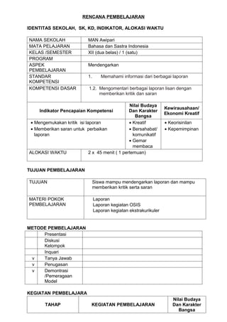RENCANA PEMBELAJARAN

IDENTITAS SEKOLAH, SK, KD, INDIKATOR, ALOKASI WAKTU

NAMA SEKOLAH                MAN Awipari
MATA PELAJARAN              Bahasa dan Sastra Indonesia
KELAS /SEMESTER             XII (dua belas) / 1 (satu)
PROGRAM
ASPEK                       Mendengarkan
PEMBELAJARAN
STANDAR                     1.      Memahami informasi dari berbagai laporan
KOMPETENSI
KOMPETENSI DASAR            1.2. Mengomentari berbagai laporan lisan dengan
                                 memberikan kritik dan saran

                                                 Nilai Budaya
                                                                    Kewirausahaan/
      Indikator Pencapaian Kompetensi            Dan Karakter
                                                                    Ekonomi Kreatif
                                                    Bangsa
 • Mengemukakan kritik isi laporan               • Kreatif          • Keorisinilan
 • Memberikan saran untuk perbaikan              • Bersahabat/      • Kepemimpinan
   laporan                                         komunikatif
                                                 • Gemar
                                                   membaca
ALOKASI WAKTU                2 x 45 menit ( 1 pertemuan)


TUJUAN PEMBELAJARAN

TUJUAN                           Siswa mampu mendengarkan laporan dan mampu
                                 memberikan kritik serta saran

MATERI POKOK                     Laporan
PEMBELAJARAN                     Laporan kegiatan OSIS
                                 Laporan kegiatan ekstrakurikuler


METODE PEMBELAJARAN
     Presentasi
     Diskusi
     Kelompok
     Inquari
 v   Tanya Jawab
 v   Penugasan
 v   Demontrasi
     /Pemeragaan
     Model

KEGIATAN PEMBELAJARA
                                                                       Nilai Budaya
       TAHAP                  KEGIATAN PEMBELAJARAN                    Dan Karakter
                                                                          Bangsa
 