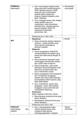 PEMBUKA                     Guru menanyakan kepada siswa      • Bersahabat/
(Apersepsi)                  siapa yang aktif menjadi pengurus   komunikatif
                             OSIS. Kepada pengurus OSIS
                             yang ada, guru menanyakan
                             apakah selalu melaporkan
                             program kegiatan-kegiatan yang
                             telah dilakukan.
                            Guru mengajak siswa, baik sebagai
                             warga sekolah atau pun
                             masyarakat, untuk senantiasai
                             bersikap kritis terhadap laporan-
                             laporan kegiatan OSIS, RT,
                             organisasi masyarakat,
                             pemerintah, dsb.

                           Pertemuan ke-1 ( 90’) / (45’)
                          Eksplorasi                              • Kreatif
INTI                        Siswa menyimak dengan seksama
                              rekaman pidato presiden yang
                              berisi laporan pertanggung
                              jawaban kegiatan.
                          Elaborasi
                            Siswa mengerjakan Geladi Diri,
                              mengidentifikasi pernyataan yang
                              sesuai dan tidak sesuai dengan isi
                              laporan.
                            Siswa berdiskusi kelompok untuk
                              menanggapi (memberikan kritikan
                              dan usulan) atas isi laporan.
                            Secara bergantian, siswa wakil
                              kelompok mempresentasikan hasil
                              diskusinya di depan kelas dan
                              Guru memberikan ulasan
                            Siswa mengerjakan Uji Kompetensi
                              Diri, memberikan tanggapan
                              (kritikan dan saran) atas beberapa
                              permasalahan dalam laporan yang
                              telah diidentifikasi.
                            Guru memberikan ulasan atas
                              tanggapan siswa. Menunjukkan
                              tanggapan yang sudah baik dan
                              menjelaskan alasannya.
                          Konfirmasi
                           Dalam kegiatan konfirmasi, Siswa:
                            Menyimpulkan tentang hal-hal yang
                              belum diketahui
                            Menjelaskan tentang hal-hal yang
                              belum diketahui.
                           Pertemuan ke-2 (45’)/ ( 90’)
PENUTUP                     Guru menyampaikan tugas                Gemar
(Internalisasi   dan          mandiri kepada siswa untuk            membaca
refleksi)                     mengikuti rapat laporan
                              pertanggungjawaban kegiatan
 