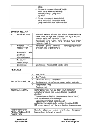 OSIS.
                            Siswa menjawab soal-soal Kuis Uji
                             Teori untuk mereview konsep-
                             konsep penting yang telah
                             dipelajari
                            Siswa merefleksikan nilai-nilai
                             serta kecakapan hidup (live skill)
                             yang bisa dipetik dari pembelajaran



SUMBER BELAJAR
V   Pustaka rujukan         Panduan Belajar Bahasa dan Sastra Indonesia untuk
                            SMA kelas X karya Alex Suryanto dan Agus Haryanto
                            terbitan ESIS 2007 halaman 32-37
                            Komposisi karya Gorys Keraf terbitan Nusa Indah
                            halaman 283-313
V      Material:    VCD,    Rekaman pidato laporan         pertanggungjawaban
       kaset, poster        presiden atau kegiatan OSIS

       Mediacetak dan
       elektronik
       Website internet
       Narasumber
       Model peraga
       Lingkungan           Lingkungan masyarakat sekitar siswa

PENILAIAN

                  V          Tes Lisan
                  V          Tes Tertulis
                  V          Observasi Kinerja/Demontrasi
TEKNIK DAN BENTUK V          Tagihan Hasil Karya/Produk: tugas, projek, portofolio
                  V          Pengukuran Sikap
                             Penilaian diri
INSTRUMEN /SOAL            Daftar pertanyaan Kuis Uji Teori untuk mengukur
                           pemahaman siswa atas konsep-konsep yang telah
                           dipelajari
                           Tugas untuk memberikan tanggapan (kritik dan saran)
                           atas laporan lisan yang didengar
                           Tugas untuk mengikuti rapat laporan
                           pertanggungjawaban suatu kegiatan (kegiatan OSIS,
                           RT, ormas, pemerintah) dan memberikan tanggapannya

RUBRIK/KRITERIA            Blangko observasi kinerja memberikan         tanggapan
PENILAIAN/BLANGKO          laporan lisan (terlampir di bawah)
OBSERVASI

       Mengetahui :                                          Tasikmalaya,
    Kepala SMA/MA……                                       Guru Mata Pelajaran
 