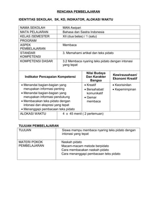 RENCANA PEMBELAJARAN

IDENTITAS SEKOLAH, SK, KD, INDIKATOR, ALOKASI WAKTU

NAMA SEKOLAH                 MAN Awipari
MATA PELAJARAN               Bahasa dan Sastra Indonesia
KELAS /SEMESTER              XII (dua belas) / 1 (satu)
PROGRAM
ASPEK                        Membaca
PEMBELAJARAN
STANDAR                      3. Memahami artikel dan teks pidato
KOMPETENSI
KOMPETENSI DASAR             3.2 Membaca nyaring teks pidato dengan intonasi
                             yang tepat

                                              Nilai Budaya
                                                               Kewirausahaan/
   Indikator Pencapaian Kompetensi           Dan Karakter
                                                               Ekonomi Kreatif
                                                 Bangsa
 • Menandai bagian-bagian yang              • Kreatif          • Keorisinilan
   merupakan informasi penting              • Bersahabat/      • Kepemimpinan
 • Menandai bagian-bagian yang                komunikatif
   merupakan informasi pendukung            • Gemar
 • Membacakan teks pidato dengan              membaca
   intonasi dan ekspresi yang tepat
 • Menanggapi pembacaan teks pidato
ALOKASI WAKTU                  4 x 45 menit ( 2 pertemuan)


TUJUAN PEMBELAJARAN
TUJUAN                       Siswa mampu membaca nyaring teks pidato dengan
                             intonasi yang tepat

MATERI POKOK                Naskah pidato
PEMBELAJARAN                Macam-macam metode berpidato
                            Cara membacakan naskah pidato
                            Cara menanggapi pembacaan teks pidato
 