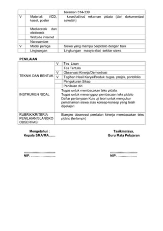 halaman 314-339
V      Material:    VCD,      kaset/cd/vcd rekaman pidato (dari dokumentasi
       kaset, poster        sekolah)

       Mediacetak dan
       elektronik
       Website internet
       Narasumber
V      Model peraga         Siswa yang mampu berpidato dengan baik
       Lingkungan           Lingkungan masyarakat sekitar siswa

PENILAIAN
                       V
                      Tes Lisan
                      Tes Tertulis
                  V   Observasi Kinerja/Demontrasi
TEKNIK DAN BENTUK V   Tagihan Hasil Karya/Produk: tugas, projek, portofolio
                      Pengukuran Sikap
                      Penilaian diri
                    Tugas untuk membacakan teks pidato
INSTRUMEN /SOAL     Tugas untuk menanggapi pembacaan teks pidato
                    Daftar pertanyaan Kuis uji teori untuk mengukur
                    pemahaman siswa atas konsep-konsep yang telah
                    dipelajari

RUBRIK/KRITERIA            Blangko observasi penilaian kinerja membacakan teks
PENILAIAN/BLANGKO          pidato (terlampir)
OBSERVASI

       Mengetahui :                                       Tasikmalaya,
    Kepala SMA/MA……                                    Guru Mata Pelajaran



    ………………………..                                          …………………….
    NIP. …...……………..                                     NIP. ………………
 