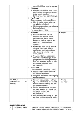 mengidentifikasi unsur-unsurnya.
                          Elaborasi
                            Di bawah bimbingan Guru, Siswa
                              merumuskan struktur dan unsur-
                              unsur pokok notulen
                              berdasarkan hasil identifikasinya.
                          Konfirmasi
                           Dalam kegiatan konfirmasi, Siswa:
                            Menyimpulkan tentang hal-hal
                              yang belum diketahui
                            Menjelaskan tentang hal-hal yang
                              belum diketahui.
                           Pertemuan ke-2 ( 90’)
                          Elaborasi                               • Kreatif
                            Siswa melakukan simulasi
                              seminar atau diskusi panel.
                              (alternatif lain, siswa diajak
                              mengikuti sebuah seminar atau
                              rapat yang diselenggaran
                              sekolah)
                            Para siswa yang bukan peraga
                              simulasi berperan sebagai
                              notulis dan membuat notulen
                              atas jalannya seminar yang
                              disimulasikan.
                            Guru memberikan ulasan atau
                              komentar atas beberapa otulen
                              yang telah dibuat dengan sangat
                              baik dan memberi masukan pada
                              notulen yang belum dibuat
                              dengan baik.
                          Konfirmasi
                           Dalam kegiatan konfirmasi, Siswa:
                            Menyimpulkan tentang hal-hal
                              yang belum diketahui
                            Menjelaskan tentang hal-hal yang
                              belum diketahui.
PENUTUP                     Siswa menjawab soal-soal Kuis         • Gemar
(Internalisasi   dan          Uji Teori untuk mereview konsep-       membaca
refleksi)                     konsep penting tentang notulen
                              yang telah dipelajari
                            Siswa merefleksikan nilai-nilai
                              serta kecakapan hidup (live skill)
                              yang bisa dipetik dari
                              pembelajaran
                            Guru menegaskan sekali lagi arti
                              penting notulen dan daftar hadir.



SUMBER BELAJAR
V    Pustaka rujukan        Panduan Belajar Bahasa dan Sastra Indonesia untuk
                            SMA kelas X karya Alex Suryanto dan Agus Haryanto
 
