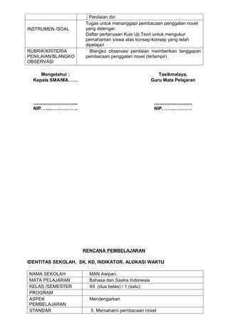 Penilaian diri
                     Tugas untuk menanggapi pembacaan penggalan novel
INSTRUMEN /SOAL      yang didengar.
                     Daftar pertanyaan Kuis Uji Teori untuk mengukur
                     pemahaman siswa atas konsep-konsep yang telah
                     dipelajari
RUBRIK/KRITERIA        Blangko observasi penilaian memberikan tanggapan
PENILAIAN/BLANGKO    pembacaan penggalan novel (terlampir)
OBSERVASI

     Mengetahui :                                       Tasikmalaya,
  Kepala SMA/MA……                                    Guru Mata Pelajaran



  ………………………..                                         …………………….
  NIP. …...……………..                                    NIP. ………………




                     RENCANA PEMBELAJARAN

IDENTITAS SEKOLAH, SK, KD, INDIKATOR, ALOKASI WAKTU

NAMA SEKOLAH           MAN Awipari
MATA PELAJARAN         Bahasa dan Sastra Indonesia
KELAS /SEMESTER        XII (dua belas) / 1 (satu)
PROGRAM
ASPEK                  Mendengarkan
PEMBELAJARAN
STANDAR                5. Memahami pembacaan novel
 