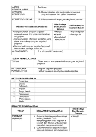ASPEK                        Berbicara
PEMBELAJARAN
STANDAR                      10. Mengungkapkan informasi melalui presentasi
KOMPETENSI                       program/proposal dan pidato tanpa teks

KOMPETENSI DASAR             10.1 Mempresentasikan program kegiatan/proposal

                                                Nilai Budaya
                                                                 Kewirausahaan/
    Indikator Pencapaian Kompetensi            Dan Karakter
                                                                 Ekonomi Kreatif
                                                   Bangsa
 • Mengemukakan program kegiatan/              • Mandiri         • Kepemimpinan
   proposal secara rinci untuk mendapatkan     • Kreatif         • Percaya diri
   tanggapan                                   • Bersahabat/
 • Mengemukakan informasi tambahan yang          komunikatif
   dapat mendukung program kegiatan/
   proposal
 • Memperbaiki program kegiatan/ proposal
   berdasarkan berbagai masukan
ALOKASI WAKTU                  6 x 45 menit ( 2 pertemuan)


TUJUAN PEMBELAJARAN
TUJUAN                       Siswa mampu mempresentasikan program kegiatan/
                            proposal

MATERI POKOK                 Program kegiatan/ proposal
PEMBELAJARAN                 Hal-hal yang perlu diperhatikan saat presentasi


METODE PEMBELAJARAN
 v   Presentasi
     Diskusi
     Kelompok
 v   Inquari
 v   Tanya Jawab
 v   Penugasan
 v   Demontrasi
     /Pemeragaan
     Model

KEGIATAN PEMBELAJARAN
                                                                     Nilai Budaya
      TAHAP                KEGIATAN PEMBELAJARAN                     Dan Karakter
                                                                        Bangsa
PEMBUKA                  Guru menjajagi pengetahuan siswa         • Mandiri
(Apersepsi)               tentang prosedur OSIS
                          menyelenggaran suatu kegiatan di
                          sekolah dan dituntun untuk sampai
                          menyebut menyusun proposal
                         Guru menanyakan bagaimana agar
                          proposal mendapat persetujuan dan
 