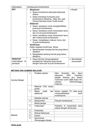 (Apersepsi)         tentang puisi kontemporer
INTI                Eksplorasi                                   • Kreatif
                        Siswa membentuk kelompok-kelompok
                          diskusi
                        Siswa membaca kumpulan puisi
                          kontemporer (Misalnya : Malu Aku Jadi
                          Orang Indonesia karya Taufik Ismail)
                    Elaborasi
                        Siswa berdiskusi untuk mengidentifikasi
                          puisi-puisi kontemporer
                        Siswa berdiskusi untuk menentukan tema
                          dan ciri-ciri puisi kontemporer
                        Siswa berdiskusi untuk menentukan tema
                          dan maksud puisi kontemporer
                        Siswa menjelaskan maksud, tema, dan
                          isi puisi kontemporer
                    Konfirmasi
                       Dalam kegiatan konfirmasi, Siswa:
                        Menyimpulkan tentang hal-hal yang belum
                          diketahui
                        Menjelaskan tentang hal-hal yang belum
                          diketahui.
PENUTUP                 Siswa diminta mengungkapkan             • Bersahabat/
(Internalisasi   &        pengalaman hidupnya yang sesuai           komunikatif
persepsi)                 dengan tema dan isi puisi kontemporer


METODE DAN SUMBER BELAJAR
               v   Pustaka rujukan                Alex    Suryanto    dan   Agus
                                                  Haryanta.     2007.    Panduan
                                                  Belajar Bahasa dan Sastra
Sumber Belajar                                    Indonesia untuk SMA Kelas XII.
                                                  Jakarta     :    ESIS-Erlangga
                                                  halaman
                           Material: VCD, kaset,
                           poster
                      v    Media      cetak dan Koran, majalah, TV, radio yang
                           elektronik            mempublikasikan          puisi
                                                 kontemporer
                           Website internet
                      V    Narasumber            Penyair kontemporer
                           Model peraga
                      V    Lingkungan            Kejadian di masyarakat yang
                                                 sesuai dengan tema puisi
                      V    Presentasi
                      V    Diskusi Kelompok
Metode                V    Inquari
                      V    Demontrasi
                           /Pemeragaan Model

PENILAIAN
 
