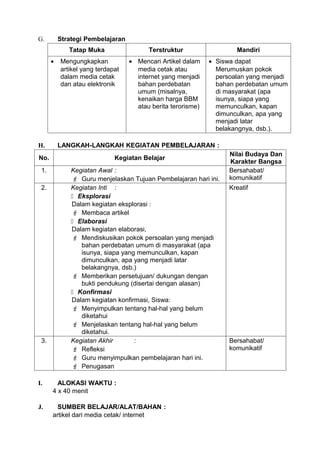 G.        Strategi Pembelajaran
             Tatap Muka                 Terstruktur                  Mandiri
      •   Mengungkapkan           • Mencari Artikel dalam    • Siswa dapat
          artikel yang terdapat     media cetak atau           Merumuskan pokok
          dalam media cetak         internet yang menjadi      persoalan yang menjadi
          dan atau elektronik       bahan perdebatan           bahan perdebatan umum
                                    umum (misalnya,            di masyarakat (apa
                                    kenaikan harga BBM         isunya, siapa yang
                                    atau berita terorisme)     memunculkan, kapan
                                                               dimunculkan, apa yang
                                                               menjadi latar
                                                               belakangnya, dsb.).

H.        LANGKAH-LANGKAH KEGIATAN PEMBELAJARAN :
                                                                   Nilai Budaya Dan
No.                          Kegiatan Belajar
                                                                   Karakter Bangsa
 1.           Kegiatan Awal :                                      Bersahabat/
               Guru menjelaskan Tujuan Pembelajaran hari ini.     komunikatif
 2.           Kegiatan Inti :                                      Kreatif
               Eksplorasi
              Dalam kegiatan eksplorasi :
               Membaca artikel
               Elaborasi
              Dalam kegiatan elaborasi,
               Mendiskusikan pokok persoalan yang menjadi
                 bahan perdebatan umum di masyarakat (apa
                 isunya, siapa yang memunculkan, kapan
                 dimunculkan, apa yang menjadi latar
                 belakangnya, dsb.)
               Memberikan persetujuan/ dukungan dengan
                 bukti pendukung (disertai dengan alasan)
               Konfirmasi
              Dalam kegiatan konfirmasi, Siswa:
               Menyimpulkan tentang hal-hal yang belum
                 diketahui
               Menjelaskan tentang hal-hal yang belum
                 diketahui.
 3.           Kegiatan Akhir       :                               Bersahabat/
               Refleksi                                           komunikatif
               Guru menyimpulkan pembelajaran hari ini.
               Penugasan

I.      ALOKASI WAKTU :
      4 x 40 menit

J.      SUMBER BELAJAR/ALAT/BAHAN :
      artikel dari media cetak/ internet
 