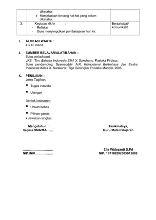diketahui
              Menjelaskan tentang hal-hal yang belum
                diketahui.
 3.          Kegiatan Akhir     :                               Bersahabat/
            - Refleksi                                          komunikatif
            - Guru menyimpulkan pembelajaran hari ini.


I.     ALOKASI WAKTU :
       4 x 40 menit

J.     SUMBER BELAJAR/ALAT/BAHAN :
       Buku cerita/kaset
       LKS : Tim. Bahasa Indonesia SMA X. Sukoharjo: Pustaka Firdaus.
       Buku pendamping: Syamsuddin A.R. Kompetensi Berbahasa dan Sastra
       Indonesia Kelas X. Surakarta: Tiga Serangkai Pustaka Mandiri. 2006.

K.     PENILAIAN :
       Jenis Tagihan:

          Tugas individu

          Ulangan

       Bentuk Instrumen:

          Uraian bebas

         Pilihan ganda
        Jawaban singkat

         Mengetahui :                                         Tasikmalaya,
      Kepala SMA/MA……                                      Guru Mata Pelajaran




      ………………………..                                           Elis Widayanti S.Pd
      NIP./NIK……………..                                    NIP. 197102092005012002
 