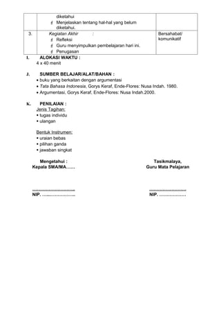 diketahui
            Menjelaskan tentang hal-hal yang belum
             diketahui.
 3.       Kegiatan Akhir      :                                 Bersahabat/
            Refleksi                                           komunikatif
            Guru menyimpulkan pembelajaran hari ini.
            Penugasan
I.    ALOKASI WAKTU :
    4 x 40 menit

J.      SUMBER BELAJAR/ALAT/BAHAN :
      • buku yang berkaitan dengan argumentasi
      • Tata Bahasa Indonesia, Gorys Keraf, Ende-Flores: Nusa Indah. 1980.
      • Argumentasi, Gorys Keraf, Ende-Flores: Nusa Indah.2000.

K.      PENILAIAN :
      Jenis Tagihan:
       tugas individu
       ulangan

      Bentuk Instrumen:
       uraian bebas
       pilihan ganda
       jawaban singkat

        Mengetahui :                                         Tasikmalaya,
     Kepala SMA/MA……                                      Guru Mata Pelajaran



     ………………………..                                            …………………….
     NIP. …...……………..                                       NIP. ………………
 