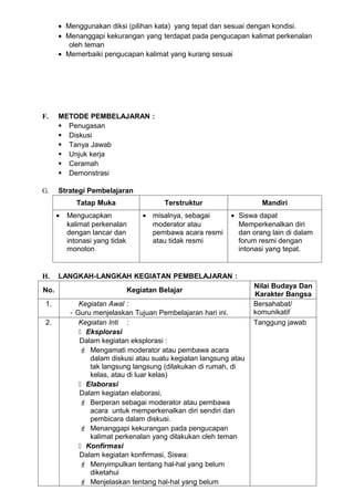 • Menggunakan diksi (pilihan kata) yang tepat dan sesuai dengan kondisi.
      • Menanggapi kekurangan yang terdapat pada pengucapan kalimat perkenalan
         oleh teman
      • Memerbaiki pengucapan kalimat yang kurang sesuai




F.    METODE PEMBELAJARAN :
       Penugasan
       Diskusi
       Tanya Jawab
       Unjuk kerja
       Ceramah
       Demonstrasi

G.    Strategi Pembelajaran
             Tatap Muka               Terstruktur                   Mandiri
      •   Mengucapkan           • misalnya, sebagai       • Siswa dapat
          kalimat perkenalan      moderator atau            Memperkenalkan diri
          dengan lancar dan       pembawa acara resmi       dan orang lain di dalam
          intonasi yang tidak     atau tidak resmi          forum resmi dengan
          monoton                                           intonasi yang tepat.


H.    LANGKAH-LANGKAH KEGIATAN PEMBELAJARAN :
                                                                  Nilai Budaya Dan
No.                         Kegiatan Belajar
                                                                  Karakter Bangsa
 1.          Kegiatan Awal :                                      Bersahabat/
          - Guru menjelaskan Tujuan Pembelajaran hari ini.        komunikatif
 2.          Kegiatan Inti :                                      Tanggung jawab
              Eksplorasi
             Dalam kegiatan eksplorasi :
              Mengamati moderator atau pembawa acara
                dalam diskusi atau suatu kegiatan langsung atau
                tak langsung langsung (dilakukan di rumah, di
                kelas, atau di luar kelas)
              Elaborasi
             Dalam kegiatan elaborasi,
              Berperan sebagai moderator atau pembawa
                acara untuk memperkenalkan diri sendiri dan
                pembicara dalam diskusi.
              Menanggapi kekurangan pada pengucapan
                kalimat perkenalan yang dilakukan oleh teman
              Konfirmasi
             Dalam kegiatan konfirmasi, Siswa:
              Menyimpulkan tentang hal-hal yang belum
                diketahui
              Menjelaskan tentang hal-hal yang belum
 