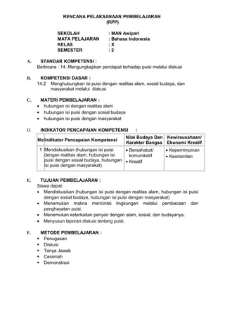 RENCANA PELAKSANAAN PEMBELAJARAN
                                 (RPP)

                 SEKOLAH                : MAN Awipari
                 MATA PELAJARAN         : Bahasa Indonesia
                 KELAS                  :X
                 SEMESTER               :2

A.    STANDAR KOMPETENSI :
     Berbicara : 14. Mengungkapkan pendapat terhadap puisi melalui diskusi

B.    KOMPETENSI DASAR :
     14.2 Menghubungkan isi puisi dengan realitas alam, sosial budaya, dan
          masyarakat melalui diskusi

C.    MATERI PEMBELAJARAN :
     • hubungan isi dengan realitas alam
     • hubungan isi puisi dengan sosial budaya
     • hubungan isi puisi dengan masyarakat

D.       INDIKATOR PENCAPAIAN KOMPETENSI             :
                                                 Nilai Budaya Dan Kewirausahaan/
     No Indikator Pencapaian Kompetensi
                                                 Karakter Bangsa Ekonomi Kreatif
         1 Mendiskusikan (hubungan isi puisi    • Bersahabat/     • Kepemimpinan
           dengan realitas alam, hubungan isi     komunikatif     • Keorisinilan
           puisi dengan sosial budaya, hubungan • Kreatif
           isi puisi dengan masyarakat)


E.    TUJUAN PEMBELAJARAN :
     Siswa dapat:
     • Mendiskusikan (hubungan isi puisi dengan realitas alam, hubungan isi puisi
        dengan sosial budaya, hubungan isi puisi dengan masyarakat)
     • Menemukan makna mencintai lingkungan melalui pembacaan dan
        penghayatan puisi.
     • Menemukan keterkaitan penyair dengan alam, sosial, dan budayanya.
     • Menyusun laporan diskusi tentang puisi.

F.       METODE PEMBELAJARAN :
         Penugasan
         Diskusi
         Tanya Jawab
         Ceramah
         Demonstrasi
 