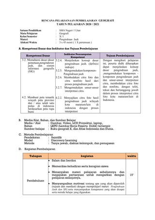 RENCANA PELAKSANAAN PEMBELAJARAN GEOGRAFI
TAHUN PELAJARAN 2020 / 2021
Satuan Pendidikan : SMA Negeri 1 Utan
Mata Pelajaran : Geografi
Kelas/Semester : X /1
Materi : Pengindraan Jauh
Alokasi Waktu : 3 x 45 menit ( 1 X pertemuan )
A. Kompetensi Dasar dan Indikator dan Tujuan Pembelajaran
Kompetensi Dasar
Indikator Pencampaian
Kompetensi
Tujuan Pembelajaran
3.2. Memahami dasar-dasar
pemetaan,penginderan
jauh, dan sistem
informasi geografis
(SIG)
4.2. Membuat peta tematik
wiayah peta provinsi
dan / atau salah satu
pulau di indonesia
berdasarkan peta rupa
bumi
3.2.4. Menjelaskan konsep dasar
pengindraan jauh. (definisi
indraja)
3.2.5. Mengemukakan komponen-
Pengindraan jauh
3.2.6. Membedakan citra foto dan
citra nonfoto hasil dari
proses pengindraan jauh.
3.2.7. Mengemukakan unsur-unsur
interpretasi citra.
4.2.2. Menyajikan citra foto hasil
pengindraan jauh wilayah
kota mataram/lain di
indonesia dengan proses
interpretasi
Dengan mengikuti pelajaran
ini, peserta didik diharapkan
dapat menjelaskan konsep
dasar pengindraan jauh,
,mengemukakan komponen -
komponen penginderaan jauh
dan unsur-unsur interpretasi
citra, membedakan citra foto
dan nonfoto, dengan teliti,
tekun dan bertanggung jawab
dalam proses interpretasi citra
foto kota mataram/lain di
Indonesia.
B. Media/Alat, Bahan, dan Sumber Belajar
Media / Alat : Gambar, Video, LCD Proyektor, laptop,
Bahan : LKPD (Lembar Kerja Peserta Didik) terlampir
Sumber belajar : Buku geografi X, dan Atlas Indonesia dan Dunia.
C. Metode Pembelajaran
Pendekatan : Saintifik
Model : Discovery Learning
Metode : Tanya jawab, diskusi kelompok, dan penugasan
D. Kegiatan Pembelajaran
Tahapan kegiatan waktu
Pendahuluan
 Salam dan berdoa
 Memeriksa kehadiran serta kerapian siswa
 Menanyakan materi pelajaran sebelumnya dan
megajukan pertanyaan untuk mengaitkan dengan
pelajaran selanjutnya.
 Menyampaikan motivasi tentang apa yang akan diperoleh
(tujuan dan manfaat) dengan mempelajari materi Pengindraan
Jauh dan SIG.serta menyampaikan kompetensi yang akan dicapai
serta metode belajar yang digunakan.
15’
 