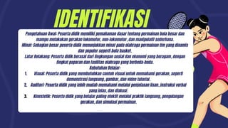 IDENTIFIKASI
Pengetahuan Awal: Peserta didik memiliki pemahaman dasar tentang permainan bola besar dan
mampu melakukan gerakan lokomotor, non-lokomotor, dan manipulatif sederhana.
Minat: Sebagian besar peserta didik menunjukkan minat pada olahraga permainan tim yang dinamis
dan populer seperti bola basket.
Latar Belakang: Peserta didik berasal dari lingkungan sosial dan ekonomi yang beragam, dengan
tingkat paparan dan fasilitas olahraga yang berbeda-beda.
Kebutuhan Belajar:
1. Visual: Peserta didik yang membutuhkan contoh visual untuk memahami gerakan, seperti
demonstrasi langsung, gambar, dan video tutorial.
2. Auditori: Peserta didik yang lebih mudah memahami melalui penjelasan lisan, instruksi verbal
yang jelas, dan diskusi.
3. Kinestetik: Peserta didik yang belajar paling efektif melalui praktik langsung, pengulangan
gerakan, dan simulasi permainan.
 