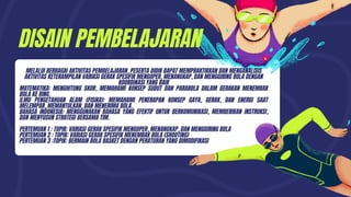 MELALUI BERBAGAI AKTIVITAS PEMBELAJARAN, PESERTA DIDIK DAPAT MEMPRAKTIKKAN DAN MENGANALISIS
AKTIVITAS KETERAMPILAN VARIASI GERAK SPESIFIK MENGOPER, MENANGKAP, DAN MENGGIRING BOLA DENGAN
KOORDINASI YANG BAIK
MATEMATIKA: MENGHITUNG SKOR, MEMAHAMI KONSEP SUDUT DAN PARABOLA DALAM GERAKAN MENEMBAK
BOLA KE RING.
ILMU PENGETAHUAN ALAM (FISIKA): MEMAHAMI PENERAPAN KONSEP GAYA, GERAK, DAN ENERGI SAAT
MELEMPAR, MEMANTULKAN, DAN MENERIMA BOLA.
BAHASA INDONESIA: MENGGUNAKAN BAHASA YANG EFEKTIF UNTUK BERKOMUNIKASI, MEMBERIKAN INSTRUKSI,
DAN MENYUSUN STRATEGI BERSAMA TIM.
PERTEMUAN 1 : TOPIK: VARIASI GERAK SPESIFIK MENGOPER, MENANGKAP, DAN MENGGIRING BOLA
PERTEMUAN 2 : TOPIK: VARIASI GERAK SPESIFIK MENEMBAK BOLA (SHOOTING)
PERTEMUAN 3 :TOPIK: BERMAIN BOLA BASKET DENGAN PERATURAN YANG DIMODIFIKASI
DISAIN PEMBELAJARAN
 