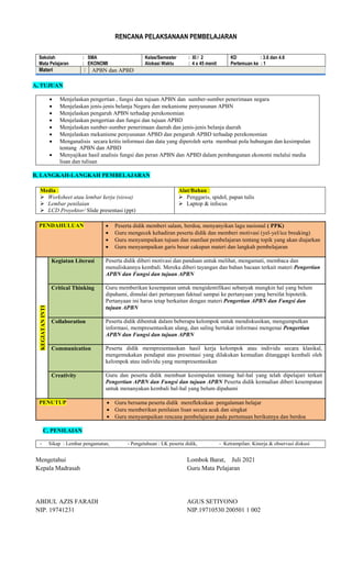 RENCANA PELAKSANAAN PEMBELAJARAN
Sekolah : SMA
Mata Pelajaran : EKONOMI
Kelas/Semester : XI / 2
Alokasi Waktu : 4 x 45 menit
KD : 3.6 dan 4.6
Pertemuan ke : 1
Materi : APBN dan APBD
A, TUJUAN
 Menjelaskan pengertian , fungsi dan tujuan APBN dan sumber-sumber penerimaan negara
 Menjelaskan jenis-jenis belanja Negara dan mekanisme penyusunan APBN
 Menjelaskan pengaruh APBN terhadap perekonomian
 Menjelaskan pengertian dan fungsi dan tujuan APBD
 Menjelaskan sumber-sumber penerimaan daerah dan jenis-jenis belanja daerah
 Menjelaskan mekanisme penyusunan APBD dan pengaruh APBD terhadap perekonomian
 Menganalisis secara kritis informasi dan data yang diperoleh serta membuat pola hubungan dan kesimpulan
tentang APBN dan APBD
 Menyajikan hasil analisis fungsi dan peran APBN dan APBD dalam pembangunan ekonomi melalui media
lisan dan tulisan
B, LANGKAH-LANGKAH PEMBELAJARAN
Media :
 Worksheet atau lembar kerja (siswa)
 Lembar penilaian
 LCD Proyektor/ Slide presentasi (ppt)
Alat/Bahan :
 Penggaris, spidol, papan tulis
 Laptop & infocus
PENDAHULUAN  Peserta didik memberi salam, berdoa, menyanyikan lagu nasional ( PPK)
 Guru mengecek kehadiran peserta didik dan memberi motivasi (yel-yel/ice breaking)
 Guru menyampaikan tujuan dan manfaat pembelajaran tentang topik yang akan diajarkan
 Guru menyampaikan garis besar cakupan materi dan langkah pembelajaran
KEGIATAN
INTI
Kegiatan Literasi Peserta didik diberi motivasi dan panduan untuk melihat, mengamati, membaca dan
menuliskannya kembali. Mereka diberi tayangan dan bahan bacaan terkait materi Pengertian
APBN dan Fungsi dan tujuan APBN
Critical Thinking Guru memberikan kesempatan untuk mengidentifikasi sebanyak mungkin hal yang belum
dipahami, dimulai dari pertanyaan faktual sampai ke pertanyaan yang bersifat hipotetik.
Pertanyaan ini harus tetap berkaitan dengan materi Pengertian APBN dan Fungsi dan
tujuan APBN
Collaboration Peserta didik dibentuk dalam beberapa kelompok untuk mendiskusikan, mengumpulkan
informasi, mempresentasikan ulang, dan saling bertukar informasi mengenai Pengertian
APBN dan Fungsi dan tujuan APBN
Communication Peserta didik mempresentasikan hasil kerja kelompok atau individu secara klasikal,
mengemukakan pendapat atas presentasi yang dilakukan kemudian ditanggapi kembali oleh
kelompok atau individu yang mempresentasikan
Creativity Guru dan peserta didik membuat kesimpulan tentang hal-hal yang telah dipelajari terkait
Pengertian APBN dan Fungsi dan tujuan APBN Peserta didik kemudian diberi kesempatan
untuk menanyakan kembali hal-hal yang belum dipahami
PENUTUP  Guru bersama peserta didik merefleksikan pengalaman belajar
 Guru memberikan penilaian lisan secara acak dan singkat
 Guru menyampaikan rencana pembelajaran pada pertemuan berikutnya dan berdoa
C, PENILAIAN
- Sikap : Lembar pengamatan, - Pengetahuan : LK peserta didik, - Ketrampilan: Kinerja & observasi diskusi
Mengetahui
Kepala Madrasah
ABDUL AZIS FARADI
NIP. 19741231
Lombok Barat, Juli 2021
Guru Mata Pelajaran
AGUS SETIYONO
NIP.19710530 200501 1 002
 