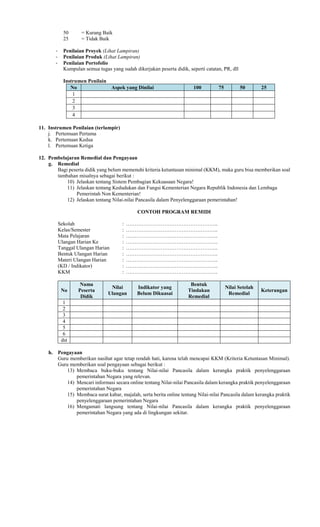 50 = Kurang Baik
25 = Tidak Baik
- Penilaian Proyek (Lihat Lampiran)
- Penilaian Produk (Lihat Lampiran)
- Penilaian Portofolio
Kumpulan semua tugas yang sudah dikerjakan peserta didik, seperti catatan, PR, dll
Instrumen Penilain
No Aspek yang Dinilai 100 75 50 25
1
2
3
4
11. Instrumen Penilaian (terlampir)
j. Pertemuan Pertama
k. Pertemuan Kedua
l. Pertemuan Ketiga
12. Pembelajaran Remedial dan Pengayaan
g. Remedial
Bagi peserta didik yang belum memenuhi kriteria ketuntasan minimal (KKM), maka guru bisa memberikan soal
tambahan misalnya sebagai berikut :
10) Jelaskan tentang Sistem Pembagian Kekuasaan Negara!
11) Jelaskan tentang Kedudukan dan Fungsi Kementerian Negara Republik Indonesia dan Lembaga
Pemerintah Non Kementerian!
12) Jelaskan tentang Nilai-nilai Pancasila dalam Penyelenggaraan pemerintahan!
CONTOH PROGRAM REMIDI
Sekolah : ……………………………………………..
Kelas/Semester : ……………………………………………..
Mata Pelajaran : ……………………………………………..
Ulangan Harian Ke : ……………………………………………..
Tanggal Ulangan Harian : ……………………………………………..
Bentuk Ulangan Harian : ……………………………………………..
Materi Ulangan Harian : ……………………………………………..
(KD / Indikator) : ……………………………………………..
KKM : ……………………………………………..
No
Nama
Peserta
Didik
Nilai
Ulangan
Indikator yang
Belum Dikuasai
Bentuk
Tindakan
Remedial
Nilai Setelah
Remedial
Keterangan
1
2
3
4
5
6
dst
h. Pengayaan
Guru memberikan nasihat agar tetap rendah hati, karena telah mencapai KKM (Kriteria Ketuntasan Minimal).
Guru memberikan soal pengayaan sebagai berikut :
13) Membaca buku-buku tentang Nilai-nilai Pancasila dalam kerangka praktik penyelenggaraan
pemerintahan Negara yang relevan.
14) Mencari informasi secara online tentang Nilai-nilai Pancasila dalam kerangka praktik penyelenggaraan
pemerintahan Negara
15) Membaca surat kabar, majalah, serta berita online tentang Nilai-nilai Pancasila dalam kerangka praktik
penyelenggaraan pemerintahan Negara
16) Mengamati langsung tentang Nilai-nilai Pancasila dalam kerangka praktik penyelenggaraan
pemerintahan Negara yang ada di lingkungan sekitar.
 