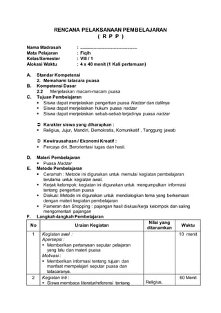 RENCANA PELAKSANAAN PEMBELAJARAN
( R P P )
Nama Madrasah : ...............................................
Mata Pelajaran : Fiqih
Kelas/Semester : VIII / 1
Alokasi Waktu : 4 x 40 menit (1 Kali pertemuan)
A. Standar Kompetensi
2. Memahami tatacara puasa
B. Kompetensi Dasar
2.2 Menjelaskan macam-macam puasa
C. Tujuan Pembelajaran
 Siswa dapat menjelaskan pengertian puasa Nadzar dan dalilnya
 Siswa dapat menjelaskan hukum puasa nadzar
 Siswa dapat menjelaskan sebab-sebab terjadinya puasa nadzar
 Karakter siswa yang diharapkan :
 Religius, Jujur, Mandiri, Demokratis, Komunikatif , Tanggung jawab
 Kewirausahaan / Ekonomi Kreatif :
 Percaya diri, Berorientasi tugas dan hasil.
D. Materi Pembelajaran
 Puasa Nadzar
E. Metode Pembelajaran
 Ceramah : Metode ini digunakan untuk memulai kegiatan pembelajaran
terutama untuk kegiatan awal.
 Kerjak kelompok: kegiatan ini digunakan untuk mengumpulkan informasi
tentang pengertian puasa
 Diskusi: Metode ini digunakan untuk mendialogkan tema yang berkemaan
dengan materi kegiatan pembelajaran
 Pameran dan Shopping : pajangan hasil diskusi/kerja kelompok dan saling
mengomentari pajangan
F. Langkah-langkah Pembelajaran
No Uraian Kegiatan
Nilai yang
ditanamkan
Waktu
1 Kegiatan awal :
Apersepsi :
 Memberikan pertanyaan seputar pelajaran
yang lalu dan materi puasa
Motivasi :
 Memberikan informasi tentang tujuan dan
manfaat mempelajari seputar puasa dan
tatacaranya.
10 menit
2 Kegiatan Inti :
 Siswa membaca literatur/referensi tentang Religius,
60 Menit
 