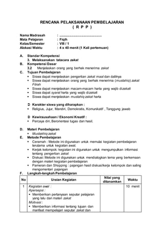 RENCANA PELAKSANAAN PEMBELAJARAN
( R P P )
Nama Madrasah : ...............................................
Mata Pelajaran : Fiqih
Kelas/Semester : VIII / 1
Alokasi Waktu : 4 x 40 menit (1 Kali pertemuan)
A. Standar Kompetensi
3. Melaksanakan tatacara zakat
B. Kompetensi Dasar
3.2 Menjelaskan orang yang berhak menerima zakat
C. Tujuan Pembelajaran
 Siswa dapat menjelaskan pengertian zakat maal dan dalilnya
 Siswa dapat menjelaskan orang yang berhak menerima (mustahiq) zakat
Fitrah
 Siswa dapat menjelaskan macam-macam harta yang wajib dizakati
 Siswa dapat syarat harta yang wajib dizakati
 Siswa dapat menjelaskan mustahiq zakat harta
 Karakter siswa yang diharapkan :
 Religius, Jujur, Mandiri, Demokratis, Komunikatif , Tanggung jawab
 Kewirausahaan / Ekonomi Kreatif :
 Percaya diri, Berorientasi tugas dan hasil.
D. Materi Pembelajaran
 Mustakhiq zakat
E. Metode Pembelajaran
 Ceramah : Metode ini digunakan untuk memulai kegiatan pembelajaran
terutama untuk kegiatan awal.
 Kerjak kelompok: kegiatan ini digunakan untuk mengumpulkan informasi
tentang pengertian zakat
 Diskusi: Metode ini digunakan untuk mendialogkan tema yang berkemaan
dengan materi kegiatan pembelajaran
 Pameran dan Shopping : pajangan hasil diskusi/kerja kelompok dan saling
mengomentari pajangan
F. Langkah-langkah Pembelajaran
No Uraian Kegiatan
Nilai yang
ditanamkan
Waktu
1 Kegiatan awal :
Apersepsi :
 Memberikan pertanyaan seputar pelajaran
yang lalu dan materi zakat
Motivasi :
 Memberikan informasi tentang tujuan dan
manfaat mempelajari seputar zakat dan
10 menit
 