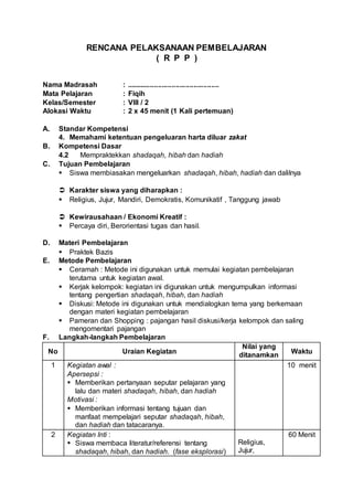 RENCANA PELAKSANAAN PEMBELAJARAN
( R P P )
Nama Madrasah : ...............................................
Mata Pelajaran : Fiqih
Kelas/Semester : VIII / 2
Alokasi Waktu : 2 x 45 menit (1 Kali pertemuan)
A. Standar Kompetensi
4. Memahami ketentuan pengeluaran harta diluar zakat
B. Kompetensi Dasar
4.2 Mempraktekkan shadaqah, hibah dan hadiah
C. Tujuan Pembelajaran
 Siswa membiasakan mengeluarkan shadaqah, hibah, hadiah dan dalilnya
 Karakter siswa yang diharapkan :
 Religius, Jujur, Mandiri, Demokratis, Komunikatif , Tanggung jawab
 Kewirausahaan / Ekonomi Kreatif :
 Percaya diri, Berorientasi tugas dan hasil.
D. Materi Pembelajaran
 Praktek Bazis
E. Metode Pembelajaran
 Ceramah : Metode ini digunakan untuk memulai kegiatan pembelajaran
terutama untuk kegiatan awal.
 Kerjak kelompok: kegiatan ini digunakan untuk mengumpulkan informasi
tentang pengertian shadaqah, hibah, dan hadiah
 Diskusi: Metode ini digunakan untuk mendialogkan tema yang berkemaan
dengan materi kegiatan pembelajaran
 Pameran dan Shopping : pajangan hasil diskusi/kerja kelompok dan saling
mengomentari pajangan
F. Langkah-langkah Pembelajaran
No Uraian Kegiatan
Nilai yang
ditanamkan
Waktu
1 Kegiatan awal :
Apersepsi :
 Memberikan pertanyaan seputar pelajaran yang
lalu dan materi shadaqah, hibah, dan hadiah
Motivasi :
 Memberikan informasi tentang tujuan dan
manfaat mempelajari seputar shadaqah, hibah,
dan hadiah dan tatacaranya.
10 menit
2 Kegiatan Inti :
 Siswa membaca literatur/referensi tentang
shadaqah, hibah, dan hadiah. (fase eksplorasi)
Religius,
Jujur,
60 Menit
 