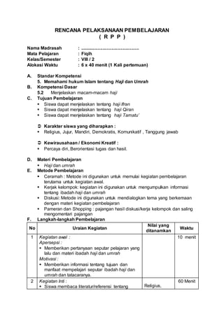 RENCANA PELAKSANAAN PEMBELAJARAN
( R P P )
Nama Madrasah : ...............................................
Mata Pelajaran : Fiqih
Kelas/Semester : VIII / 2
Alokasi Waktu : 6 x 40 menit (1 Kali pertemuan)
A. Standar Kompetensi
5. Memahami hukum Islam tentang Haji dan Umrah
B. Kompetensi Dasar
5.2 Menjelaskan macam-macam haji
C. Tujuan Pembelajaran
 Siswa dapat menjelaskan tentang haji Ifran
 Siswa dapat menjelaskan tentang haji Qiran
 Siswa dapat menjelaskan tentang haji Tamatu’
 Karakter siswa yang diharapkan :
 Religius, Jujur, Mandiri, Demokratis, Komunikatif , Tanggung jawab
 Kewirausahaan / Ekonomi Kreatif :
 Percaya diri, Berorientasi tugas dan hasil.
D. Materi Pembelajaran
 Haji dan umrah
E. Metode Pembelajaran
 Ceramah : Metode ini digunakan untuk memulai kegiatan pembelajaran
terutama untuk kegiatan awal.
 Kerjak kelompok: kegiatan ini digunakan untuk mengumpulkan informasi
tentang ibadah haji dan umrah
 Diskusi: Metode ini digunakan untuk mendialogkan tema yang berkemaan
dengan materi kegiatan pembelajaran
 Pameran dan Shopping : pajangan hasil diskusi/kerja kelompok dan saling
mengomentari pajangan
F. Langkah-langkah Pembelajaran
No Uraian Kegiatan
Nilai yang
ditanamkan
Waktu
1 Kegiatan awal :
Apersepsi :
 Memberikan pertanyaan seputar pelajaran yang
lalu dan materi ibadah haji dan umrah
Motivasi :
 Memberikan informasi tentang tujuan dan
manfaat mempelajari seputar ibadah haji dan
umrah dan tatacaranya.
10 menit
2 Kegiatan Inti :
 Siswa membaca literatur/referensi tentang Religius,
60 Menit
 