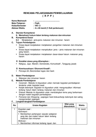 RENCANA PELAKSANAAN PEMBELAJARAN
( R P P )
Nama Madrasah : ...............................................
Mata Pelajaran : Fiqih
Kelas/Semester : VIII / 2
Alokasi Waktu : 4 x 40 menit (1 Kali pertemuan)
A. Standar Kompetensi
6. Memahami hukum Islam tentang makanan dan minuman
B. Kompetensi Dasar
6.3 Menjelaskan jenis-jenis makanan dan minuman haram
C. Tujuan Pembelajaran
 Siswa dapat menjelaskan menjelaskan pengertian makanan dan minuman
haram
 Siswa dapat menjelaskan menyebutkan jenis – jenis makanan dan minuman
yang haram.
 Siswa dapat menjelaskan menjelaskan dasar-dasar hukum makanan yang
haram
 Karakter siswa yang diharapkan :
 Religius, Jujur, Mandiri, Demokratis, Komunikatif , Tanggung jawab
 Kewirausahaan / Ekonomi Kreatif :
 Percaya diri, Berorientasi tugas dan hasil.
D. Materi Pembelajaran
 Makanan dan minuman haram
E. Metode Pembelajaran
 Ceramah : Metode ini digunakan untuk memulai kegiatan pembelajaran
terutama untuk kegiatan awal.
 Kerjak kelompok: kegiatan ini digunakan untuk mengumpulkan informasi
tentang hukum Islam tentang makanan dan minuman
 Diskusi: Metode ini digunakan untuk mendialogkan tema yang berkemaan
dengan materi kegiatan pembelajaran
 Pameran dan Shopping : pajangan hasil diskusi/kerja kelompok dan saling
mengomentari pajangan
F. Langkah-langkah Pembelajaran
No Uraian Kegiatan
Nilai yang
ditanamkan
Waktu
1 Kegiatan awal :
Apersepsi :
 Memberikan pertanyaan seputar pelajaran
yang lalu dan materi hukum Islam tentang
makanan dan minuman
Motivasi :
 Memberikan informasi tentang tujuan dan
10 menit
 