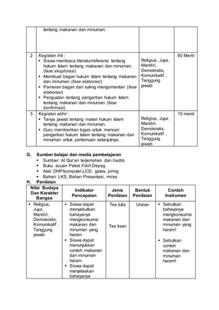 tentang makanan dan minuman.
2 Kegiatan Inti :
 Siswa membaca literatur/referensi tentang
hukum Islam tentang makanan dan minuman.
(fase eksplorasi)
 Membuat bagan hukum Islam tentang makanan
dan minuman (fase elaborasi)
 Pameran bagan dan saling mengomentari (fase
elaborasi)
 Penguatan tentang pengertian hukum Islam
tentang makanan dan minuman (fase
konfirmasi)
Religius, Jujur,
Mandiri,
Demokratis,
Komunikatif ,
Tanggung
jawab
60 Menit
3 Kegiatan akhir :
 Tanya jawab tentang materi hukum Islam
tentang makanan dan minuman.
 Guru memberikan tugas untuk mencari
pengertian hukum Islam tentang makanan dan
minuman untuk pertemuan selanjutnya.
Religius, Jujur,
Mandiri,
Demokratis,
Komunikatif ,
Tanggung
jawab
10 menit
G. Sumber belajar dan media pembelajaran
 Sumber: Al Qur’an terjemahan dan hadits
 Buku acuan Paket Fikih Depag
 Alat: OHP/komputer,LCD, gelas, piring
 Bahan: LKS, Bahan Presentasi, miras
H. Penilaian
Nilai Budaya
Dan Karakter
Bangsa
Indikator
Pencapaian
Jenis
Penilaian
Bentuk
Penilaian
Contoh
Instrumen
 Religius,
Jujur,
Mandiri,
Demokratis,
Komunikatif ,
Tanggung
jawab
 Siswa dapat
menyebutkan
bahayanya
mengkonsumsi
makanan dan
minuman yang
haram
 Siswa dapat
menunjukkan
contoh makanan
dan minuman
haram
 Siswa dapat
menjelaskan
bahayanya
Tes tulis
Tes lisan
Uraian  Sebutkan
bahayanya
mengkonsumsi
makanan dan
minuman yang
haram!
 Sebutkan
contoh
makanan dan
minuman
haram!
 