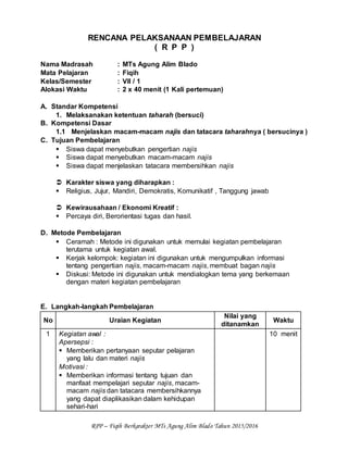 RPP – Fiqih Berkarakter MTs Agung Alim Blado Tahun 2015/2016
RENCANA PELAKSANAAN PEMBELAJARAN
( R P P )
Nama Madrasah : MTs Agung Alim Blado
Mata Pelajaran : Fiqih
Kelas/Semester : VII / 1
Alokasi Waktu : 2 x 40 menit (1 Kali pertemuan)
A. Standar Kompetensi
1. Melaksanakan ketentuan taharah (bersuci)
B. Kompetensi Dasar
1.1 Menjelaskan macam-macam najis dan tatacara taharahnya ( bersucinya )
C. Tujuan Pembelajaran
 Siswa dapat menyebutkan pengertian najis
 Siswa dapat menyebutkan macam-macam najis
 Siswa dapat menjelaskan tatacara membersihkan najis
 Karakter siswa yang diharapkan :
 Religius, Jujur, Mandiri, Demokratis, Komunikatif , Tanggung jawab
 Kewirausahaan / Ekonomi Kreatif :
 Percaya diri, Berorientasi tugas dan hasil.
D. Metode Pembelajaran
 Ceramah : Metode ini digunakan untuk memulai kegiatan pembelajaran
terutama untuk kegiatan awal.
 Kerjak kelompok: kegiatan ini digunakan untuk mengumpulkan informasi
tentang pengertian najis, macam-macam najis, membuat bagan najis
 Diskusi: Metode ini digunakan untuk mendialogkan tema yang berkemaan
dengan materi kegiatan pembelajaran
E. Langkah-langkah Pembelajaran
No Uraian Kegiatan
Nilai yang
ditanamkan
Waktu
1 Kegiatan awal :
Apersepsi :
 Memberikan pertanyaan seputar pelajaran
yang lalu dan materi najis
Motivasi :
 Memberikan informasi tentang tujuan dan
manfaat mempelajari seputar najis, macam-
macam najis dan tatacara membersihkannya
yang dapat diaplikasikan dalam kehidupan
sehari-hari
10 menit
 