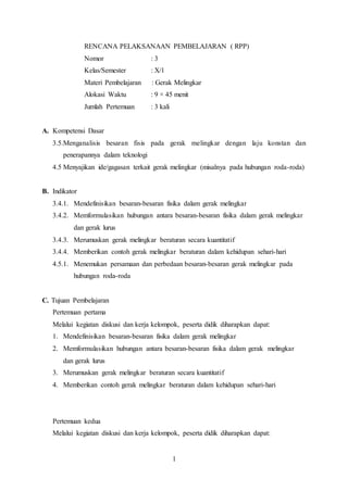 1
RENCANA PELAKSANAAN PEMBELAJARAN ( RPP)
Nomor : 3
Kelas/Semester : X/1
Materi Pembelajaran : Gerak Melingkar
Alokasi Waktu : 9 × 45 menit
Jumlah Pertemuan : 3 kali
A. Kompetensi Dasar
3.5.Menganalisis besaran fisis pada gerak melingkar dengan laju konstan dan
penerapannya dalam teknologi
4.5 Menyajikan ide/gagasan terkait gerak melingkar (misalnya pada hubungan roda-roda)
B. Indikator
3.4.1. Mendefinisikan besaran-besaran fisika dalam gerak melingkar
3.4.2. Memformulasikan hubungan antara besaran-besaran fisika dalam gerak melingkar
dan gerak lurus
3.4.3. Merumuskan gerak melingkar beraturan secara kuantitatif
3.4.4. Memberikan contoh gerak melingkar beraturan dalam kehidupan sehari-hari
4.5.1. Menemukan persamaan dan perbedaan besaran-besaran gerak melingkar pada
hubungan roda-roda
C. Tujuan Pembelajaran
Pertemuan pertama
Melalui kegiatan diskusi dan kerja kelompok, peserta didik diharapkan dapat:
1. Mendefinisikan besaran-besaran fisika dalam gerak melingkar
2. Memformulasikan hubungan antara besaran-besaran fisika dalam gerak melingkar
dan gerak lurus
3. Merumuskan gerak melingkar beraturan secara kuantitatif
4. Memberikan contoh gerak melingkar beraturan dalam kehidupan sehari-hari
Pertemuan kedua
Melalui kegiatan diskusi dan kerja kelompok, peserta didik diharapkan dapat:
 