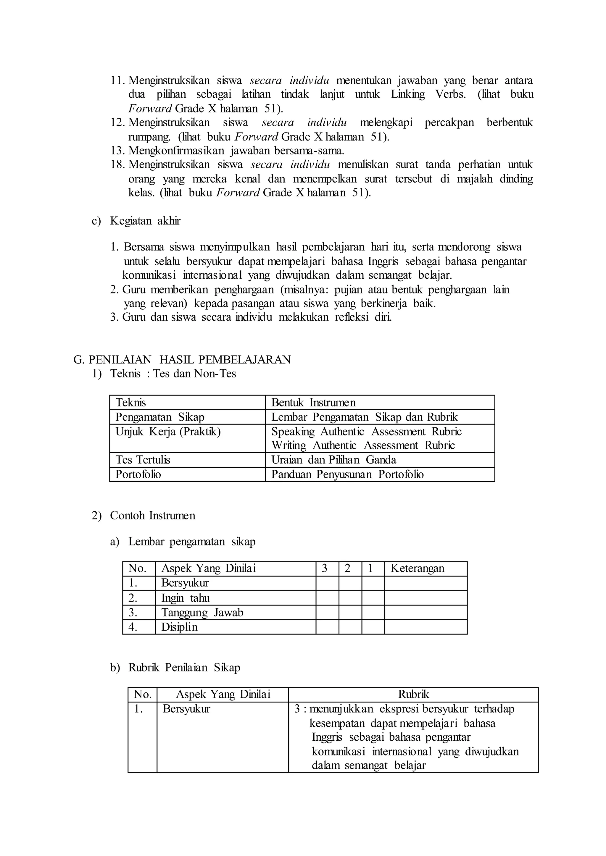 11. Menginstruksikan siswa secara individu menentukan jawaban yang benar antara
dua pilihan sebagai latihan tindak lanjut untuk Linking Verbs. (lihat buku
Forward Grade X halaman 51).
12. Menginstruksikan siswa secara individu melengkapi percakpan berbentuk
rumpang. (lihat buku Forward Grade X halaman 51).
13. Mengkonfirmasikan jawaban bersama-sama.
18. Menginstruksikan siswa secara individu menuliskan surat tanda perhatian untuk
orang yang mereka kenal dan menempelkan surat tersebut di majalah dinding
kelas. (lihat buku Forward Grade X halaman 51).
c) Kegiatan akhir
1. Bersama siswa menyimpulkan hasil pembelajaran hari itu, serta mendorong siswa
untuk selalu bersyukur dapat mempelajari bahasa Inggris sebagai bahasa pengantar
komunikasi internasional yang diwujudkan dalam semangat belajar.
2. Guru memberikan penghargaan (misalnya: pujian atau bentuk penghargaan lain
yang relevan) kepada pasangan atau siswa yang berkinerja baik.
3. Guru dan siswa secara individu melakukan refleksi diri.
G. PENILAIAN HASIL PEMBELAJARAN
1) Teknis : Tes dan Non-Tes
Teknis Bentuk Instrumen
Pengamatan Sikap Lembar Pengamatan Sikap dan Rubrik
Unjuk Kerja (Praktik) Speaking Authentic Assessment Rubric
Writing Authentic Assessment Rubric
Tes Tertulis Uraian dan Pilihan Ganda
Portofolio Panduan Penyusunan Portofolio
2) Contoh Instrumen
a) Lembar pengamatan sikap
No. Aspek Yang Dinilai 3 2 1 Keterangan
1. Bersyukur
2. Ingin tahu
3. Tanggung Jawab
4. Disiplin
b) Rubrik Penilaian Sikap
No. Aspek Yang Dinilai Rubrik
1. Bersyukur 3 : menunjukkan ekspresi bersyukur terhadap
kesempatan dapat mempelajari bahasa
Inggris sebagai bahasa pengantar
komunikasi internasional yang diwujudkan
dalam semangat belajar
 