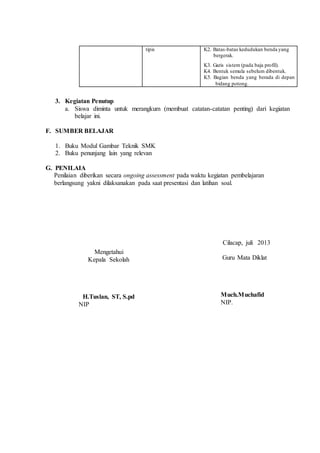 tipis K2. Batas-batas kedudukan benda yang
bergerak.
K3. Garis sistem (pada baja profil).
K4. Bentuk semula sebelum dibentuk.
K5. Bagian benda yang berada di depan
bidang potong.
3. Kegiatan Penutup
a. Siswa diminta untuk merangkum (membuat catatan-catatan penting) dari kegiatan
belajar ini.
F. SUMBER BELAJAR
1. Buku Modul Gambar Teknik SMK
2. Buku penunjang lain yang relevan
G. PENILAIA
Penilaian diberikan secara ongoing assessment pada waktu kegiatan pembelajaran
berlangsung yakni dilaksanakan pada saat presentasi dan latihan soal.
Cilacap, juli 2013
Guru Mata Diklat
Much.Muchafid
NIP.
Mengetahui
Kepala Sekolah
H.Tuslan, ST, S.pd
NIP
 