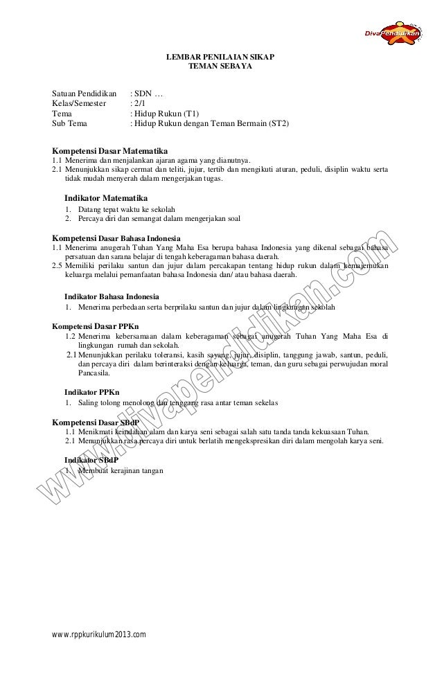 RPP Diva Pendidikan - Hidup Rukun Dengan Teman Bermain