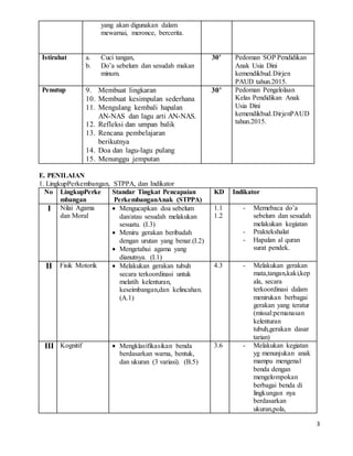 3
yang akan digunakan dalam
mewarnai, meronce, bercerita.
Istirahat a. Cuci tangan,
b. Do’a sebelum dan sesudah makan
minum.
30’ Pedoman SOP Pendidikan
Anak Usia Dini
kemendikbud.Dirjen
PAUD tahun.2015.
Penutup 9. Membuat lingkaran
10. Membuat kesimpulan sederhana
11. Mengulang kembali hapalan
AN-NAS dan lagu arti AN-NAS.
12. Refleksi dan umpan balik
13. Rencana pembelajaran
berikutnya
14. Doa dan lagu-lagu pulang
15. Menunggu jemputan
30’ Pedoman Pengelolaan
Kelas Pendidikan Anak
Usia Dini
kemendikbud.DirjenPAUD
tahun.2015.
E. PENILAIAN
1. LingkupPerkembangan, STPPA, dan Indikator
No LingkupPerke
mbangan
Standar Tingkat Pencapaian
PerkembanganAnak (STPPA)
KD Indikator
I Nilai Agama
dan Moral
 Mengucapkan doa sebelum
dan/atau sesudah melakukan
sesuatu. (I.3)
 Meniru gerakan beribadah
dengan urutan yang benar.(I.2)
 Mengetahui agama yang
dianutnya. (I.1)
1.1
1.2
- Memebaca do’a
sebelum dan sesudah
melakukan kegiatan
- Praktekshalat
- Hapalan al quran
surat pendek.
II Fisik Motorik  Melakukan gerakan tubuh
secara terkoordinasi untuk
melatih kelenturan,
keseimbangan,dan kelincahan.
(A.1)
4.3 - Melakukan gerakan
mata,tangan,kaki,kep
ala, secara
terkoordinasi dalam
menirukan berbagai
gerakan yang teratur
(missal:pemanasan
kelenturan
tubuh,gerakan dasar
tarian)
III Kognitif  Mengklasifikasikan benda
berdasarkan warna, bentuk,
dan ukuran (3 variasi). (B.5)
3.6 - Melakukan kegiatan
yg menunjukan anak
mampu mengenal
benda dengan
mengelompokan
berbagai benda di
lingkungan nya
berdasarkan
ukuran,pola,
 