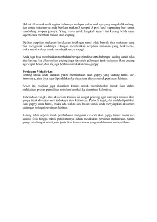 Hal ini dikarenakan di bagian dalamnya terdapat calon anaknya yang tengah dikandung,
dan untuk takarannya anda berikan makan 3 sampai 5 posi kecil sepanjang hari untuk
mendulang asupan gizinya. Yang mana untuk langkah seperti ini kurang lebih sama
seperti cara memberi makan ikan cupang.
Berikan serpihan makanan berukuran kecil agar nanti tidak banyak sisa makanan yang
bisa mengotori wadahnya. Dengan memberikan serpihan makanan yang berkualitas,
maka sudah cukup untuk memberikannya energi.
Anda juga bisa memberikan tambahan berupa spirulina serta beberapa cacing darah beku
atau kering. Itu dikarenakan cacing juga termasuk golongan jenis makanan ikan cupang
agar cepat besar, dan itu juga berlaku untuk ikan hias guppy.
Persiapan Melahirkan
Penting untuk anda lakukan yakni memisahkan ikan guppy yang sedang hamil dari
koloninya, atau bisa juga dipindahkan ke akuarium khusus untuk persiapan lahiran.
Selain itu, siapkan juga akuarium khusus untuk memindahkan induk ikan dalam
melakukan proses pemulihan sebelum kembali ke akuarium koloninya.
Keberadaan tangki atau akuarium khusus ini sangat penting agar nantinya anakan ikan
guppy tidak dimakan oleh induknya atau koloninya. Perlu di ingat, jika sudah dipastikan
ikan guppy anda hamil, maka ada waktu satu bulan untuk anda menyiapkan akuarium
cadangan sebagai persiapan lahiran.
Kurang lebih seperti itulah pembahasan mengenai ciri-ciri ikan guppy hamil mulai dari
kondisi fisik hingga teknik perawatannya dalam melakukan persiapan melahirkan. Selain
guppy, ada banyak sekali jenis jenis ikan hias air tawar yang mudah untuk anda pelihara.
 