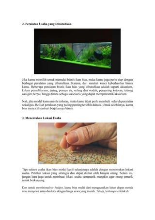 2. Peralatan Usaha yang Dibutuhkan
Jika kamu memilih untuk memulai bisnis ikan hias, maka kamu juga perlu siap dengan
berbagai peralatan yang dibutuhkan. Karena, dari sanalah kunci keberhasilan bisnis
kamu. Beberapa peralatan bisnis ikan hias yang dibutuhkan adalah seperti akuarium,
kolam pemeliharaan, jaring, pompa air, selang dan wadah, penyaring kotoran, tabung
oksigen, terpal, hingga timba sebagai aksesoris yang dapat mempercantik akuarium.
Nah, jika modal kamu masih terbatas, maka kamu tidak perlu membeli seluruh peralatan
sekaligus. Belilah peralatan yang paling penting terlebih dahulu. Untuk selebihnya, kamu
bisa mencicil sembari berjalannya bisnis.
3. Menentukan Lokasi Usaha
Tips sukses usaha ikan hias modal kecil selanjutnya adalah dengan menentukan lokasi
usaha. Pilihlah lokasi yang strategis dan dapat dilihat oleh banyak orang. Selain itu,
jangan lupa juga untuk membuat lokasi usaha semenarik mungkin agar orang tertarik
untuk berkunjung.
Dan untuk meminimalisir budget, kamu bisa mulai dari menggunakan lahan depan rumah
atau menyewa ruko dan kios dengan harga sewa yang murah. Tetapi, tentunya terletak di
 