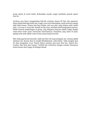 group sejenis di social media. Keberadaan mereka sangat membantu pemula seperti
saya ini.
Awalnya saya hanya menggunakan bak-bak container ukuran 60 liter, dan aquarium.
Hanya dalam beberapa bulan saja, Guppy saya terus berkembang, meski jenisnya campur
aduk tidak karuan. Niatnya kan baru belajar, jadi saya pikir yang lainnya nanti sambil
jalan. Learning by doing-lah. Setelah itu baru saya memilah-milah berdasarkan jenisnya.
Sebab menurut perbincangan di group, yang harganya lumayan adalah Guppy dengan
strain-strain murni (jenis murni/jelas keturunannya). Sementara yang ramai di pasar,
apalagi anak-anak adalah warna-warna yang terang mencolok.
JIka Anda juga berniat mencoba, salah satu link web yang mengupas tata caranya adalah
alamtani.com. Karena ikan ini mudah dibudidayakan, maka bukan tidak mungkin ikan
ini akan mengalami trend. Seperti halnya tanaman atau jenis ikan lain. Seperti Koi,
Louhan, Mas Koki dan lainnya. Terlebih jika terfasilitasi dengan semakin banyaknya
kontes-kontes ikan Guppy di berbagai daerah.
 