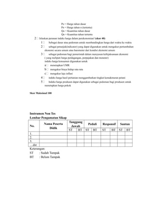 Po = Harga tahun dasar
Pn = Harga tahun n (tertentu)
Qo = Kuantitas tahun dasar
Qn = Kuantitas tahun tertentu
2. Jelaskan peranan indeks harga dalam perekonomian! (skor 40)
1. Sebagai dasar atau pedoman untuk membandingkan harga dari waktu ke waktu
2. sebagai petunjuk(indicator) yang dapat digunakan untuk mengukur pertumbuhan
ekonomi secara umum atau barometer dari kondisi ekonomi umum
3. sebagai pedoman bagi pemerintah dalam menyusun kebijaksanaan ekonomi
( yang meliputi harga perdagangan, perpajakan dan moneter)
indeks harga konsumen digunakan untuk
a. menetapkan UMR
b. mengukur biaya hidup rata rata
c. mengukur laju inflasi
4. indeks harga hasil pertanian menggambarkan tingkat kemakmuran petani
5. Indeks harga produsen dapat digunakan sebagai pedoman bagi produsen untuk
menetapkan harga pokok
Skor Maksimal 100
Instrumen Non Tes
Lembar Pengamatan Sikap
No.
Nama Peserta
Didik
Tanggung
Jawab
Peduli Responsif Santun
ST BT ST BT ST BT ST BT
1.
2.
3.
…dst
Keterangan:
ST : Sudah Tampak
BT : Belum Tampak
 