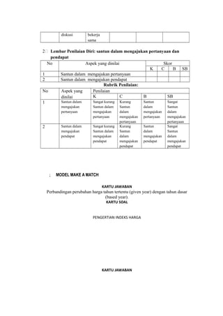 diskusi bekerja
sama
2 Lembar Penilaian Diri: santun dalam mengajukan pertanyaan dan
pendapat
No Aspek yang dinilai Skor
K C B SB
1 Santun dalam mengajukan pertanyaan
2 Santun dalam mengajukan pendapat
Rubrik Penilaian:
No Aspek yang
dinilai
Penilaian
K C B SB
1 Santun dalam
mengajukan
pertanyaan
Sangat kurang
Santun dalam
mengajukan
pertanyaan
Kurang
Santun
dalam
mengajukan
pertanyaan
Santun
dalam
mengajukan
pertanyaan
Sangat
Santun
dalam
mengajukan
pertanyaan
2 Santun dalam
mengajukan
pendapat
Sangat kurang
Santun dalam
mengajukan
pendapat
Kurang
Santun
dalam
mengajukan
pendapat
Santun
dalam
mengajukan
pendapat
Sangat
Santun
dalam
mengajukan
pendapat
; MODEL MAKE A MATCH
KARTU JAWABAN
Perbandingan perubahan harga tahun tertentu (given year) dengan tahun dasar
(based year).
KARTU SOAL
PENGERTIAN INDEKS HARGA
KARTU JAWABAN
 