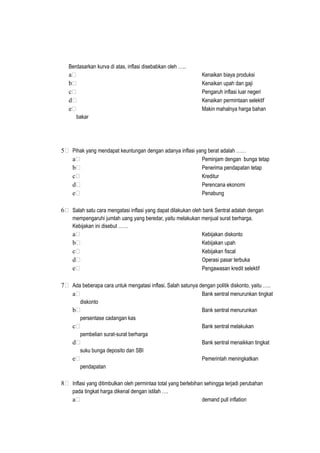 Berdasarkan kurva di atas, inflasi disebabkan oleh …..
a Kenaikan biaya produksi
b Kenaikan upah dan gaji
c Pengaruh inflasi luar negeri
d Kenaikan permintaan selektif
e Makin mahalnya harga bahan
bakar
5 Pihak yang mendapat keuntungan dengan adanya inflasi yang berat adalah ……
a Peminjam dengan bunga tetap
b Penerima pendapatan tetap
c Kreditur
d Perencana ekonomi
e Penabung
6 Salah satu cara mengatasi inflasi yang dapat dilakukan oleh bank Sentral adalah dengan
mempengaruhi jumlah uang yang beredar, yaitu melakukan menjual surat berharga.
Kebijakan ini disebut ……
a Kebijakan diskonto
b Kebijakan upah
c Kebijakan fiscal
d Operasi pasar terbuka
e Pengawasan kredit selektif
7 Ada beberapa cara untuk mengatasi inflasi. Salah satunya dengan politik diskonto, yaitu …..
a Bank sentral menurunkan tingkat
diskonto
b Bank sentral menurunkan
persentase cadangan kas
c Bank sentral melakukan
pembelian surat-surat berharga
d Bank sentral menaikkan tingkat
suku bunga deposito dan SBI
e Pemerintah meningkatkan
pendapatan
8 Inflasi yang ditimbulkan oleh permintaa total yang berlebihan sehingga terjadi perubahan
pada tingkat harga dikenal dengan istilah ….
a demand pull inflation
 