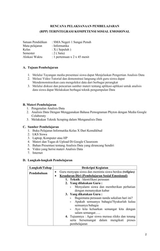 RPP Informatika Terintegrasi Pembelajaran Sosial Emosional (KSE) | PDF