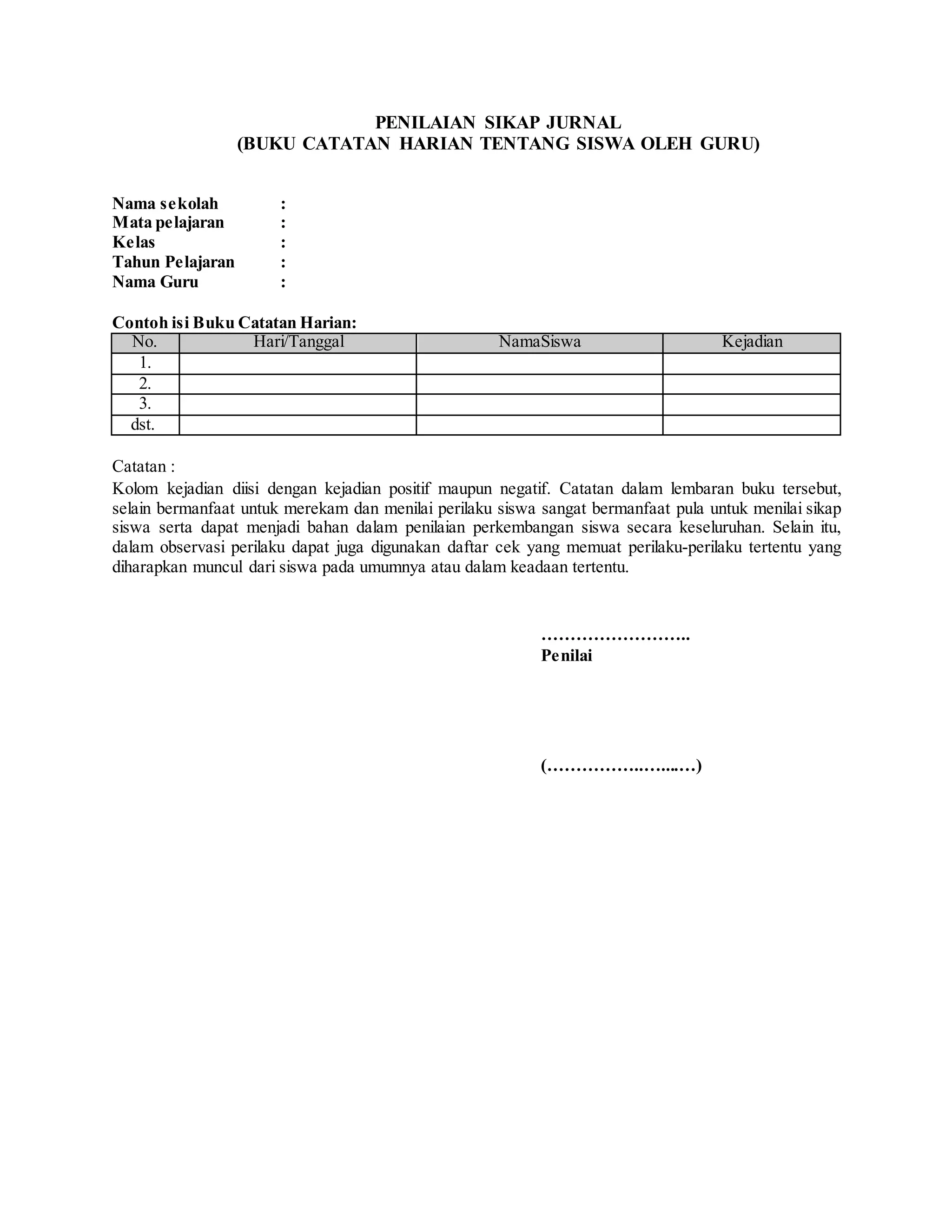 PENILAIAN SIKAP JURNAL
(BUKU CATATAN HARIAN TENTANG SISWA OLEH GURU)
Nama sekolah :
Mata pelajaran :
Kelas :
Tahun Pelajaran :
Nama Guru :
Contoh isi Buku Catatan Harian:
No. Hari/Tanggal NamaSiswa Kejadian
1.
2.
3.
dst.
Catatan :
Kolom kejadian diisi dengan kejadian positif maupun negatif. Catatan dalam lembaran buku tersebut,
selain bermanfaat untuk merekam dan menilai perilaku siswa sangat bermanfaat pula untuk menilai sikap
siswa serta dapat menjadi bahan dalam penilaian perkembangan siswa secara keseluruhan. Selain itu,
dalam observasi perilaku dapat juga digunakan daftar cek yang memuat perilaku-perilaku tertentu yang
diharapkan muncul dari siswa pada umumnya atau dalam keadaan tertentu.
……………………..
Penilai
(……………..…....…)
 