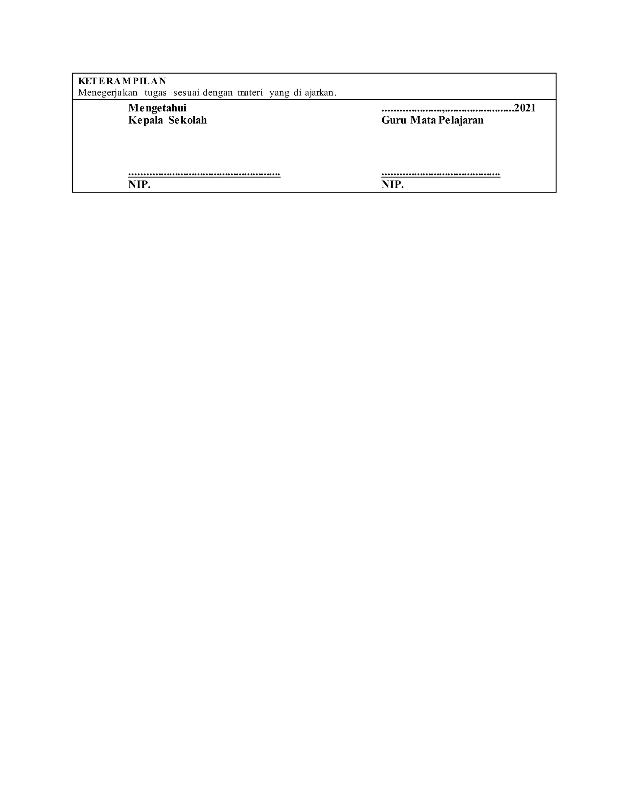 KETERAMPILAN
Menegerjakan tugas sesuai dengan materi yang di ajarkan.
Mengetahui
Kepala Sekolah
......................................................
NIP.
.....................,.........................2021
Guru Mata Pelajaran
..........................................
NIP.
 